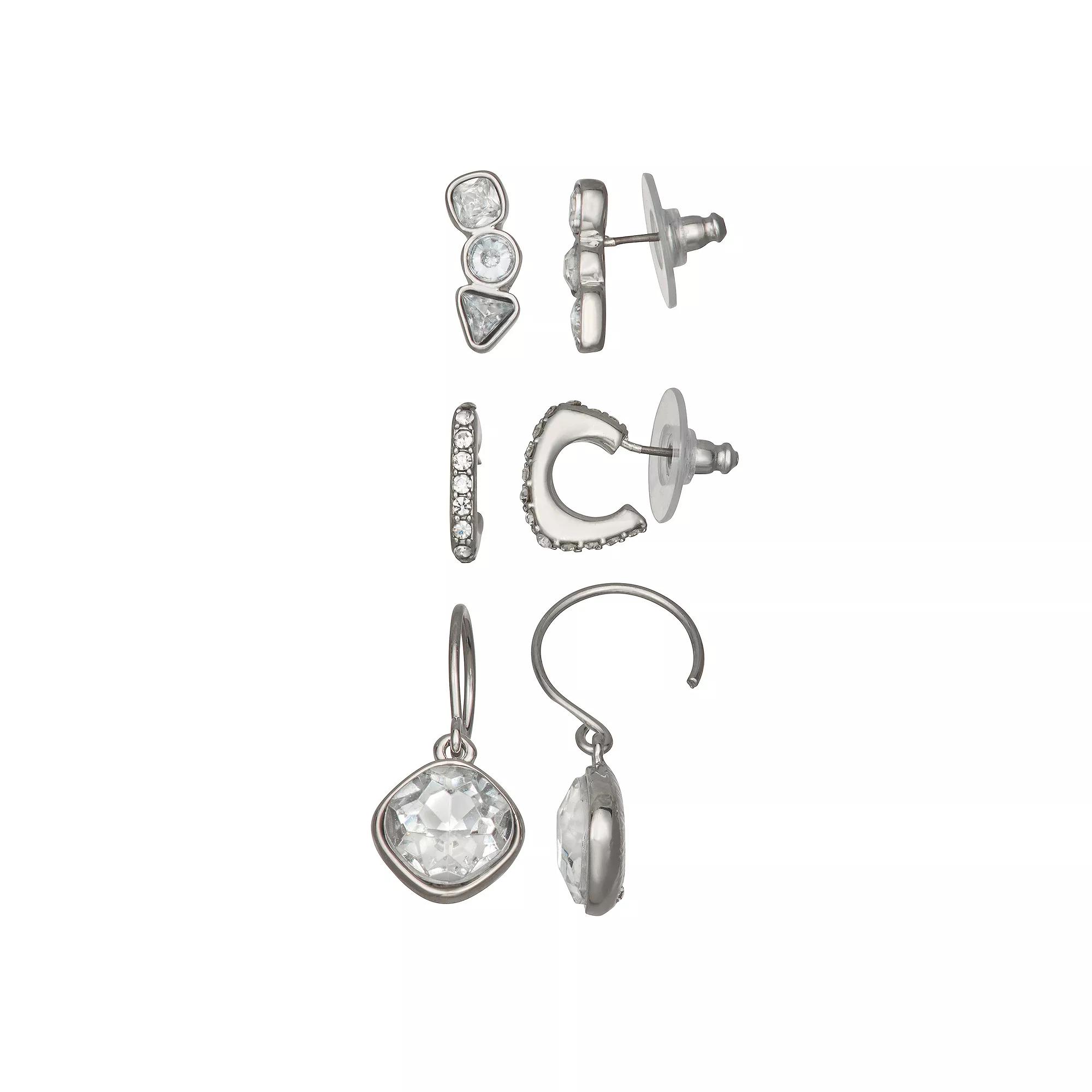 Simply Vera Vera Wang Silver Tone Stone Stud Earring Trio Set, Women's, Clear Product Image