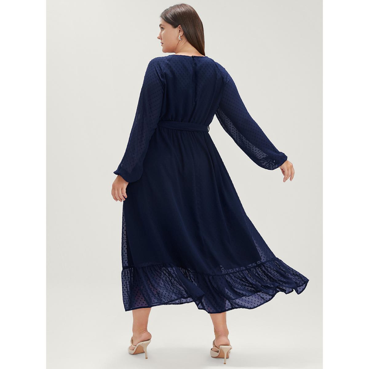 Plus Size Polka Dot Round Neck Pocket Lantern Sleeve Belted Flutter Dress Indigo Women Party Round Neck Long Sleeve Curvy Midi Dress BloomChic 18-20/2X Product Image
