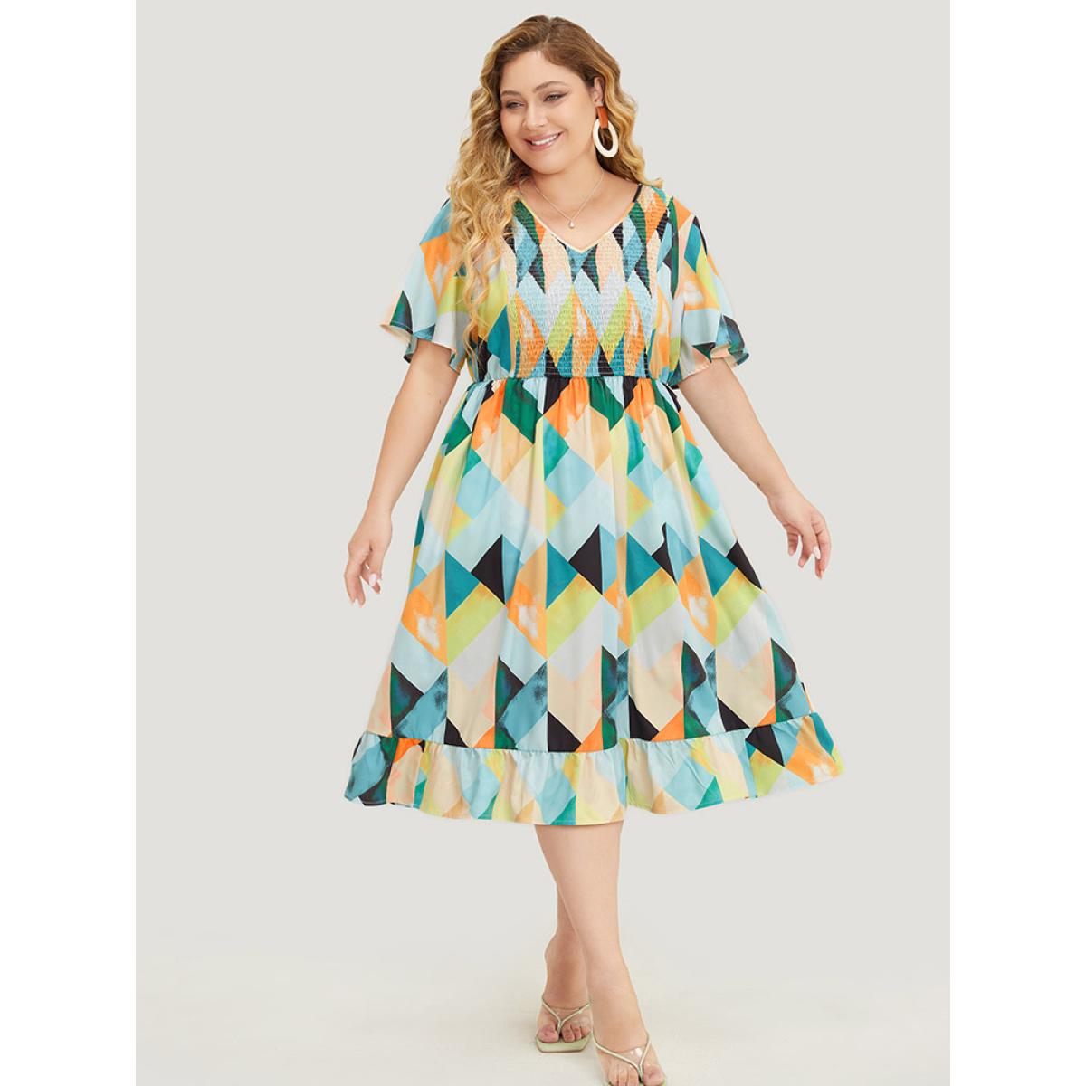 Plus Size Geometric Print Shirred Ruffle Hem Pocket Dress Multicolor Women Elegant Gathered V-neck Short sleeve Curvy Midi Dress BloomChic 14-16/1X Product Image