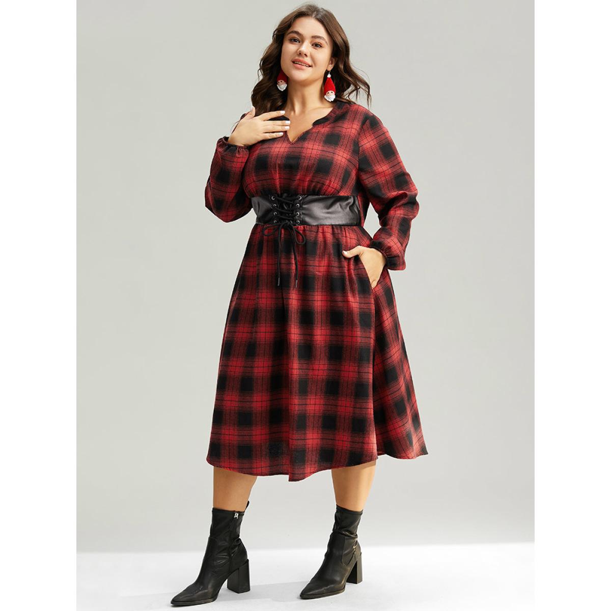 Plus Size Plaid Lace Up PU Leather Notched Dress Raspberry Women Elegant Elastic cuffs Notched collar Long Sleeve Curvy Midi Dress BloomChic 12/L Product Image