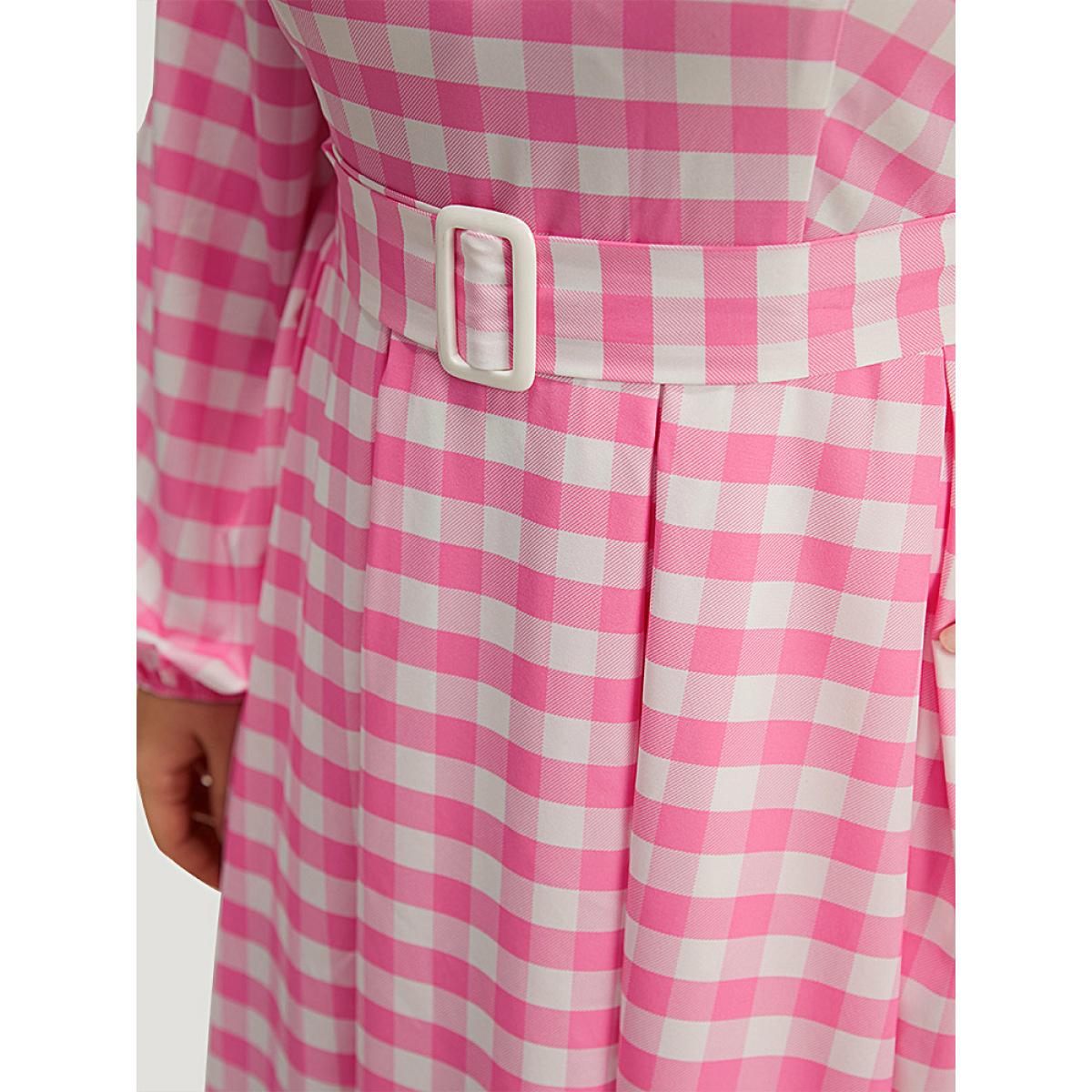 Plus Size Halloween Plaid Print Belted Square Neck Lantern Sleeve Dress Pink Women Elegant Elastic cuffs Square Neck Long Sleeve Curvy Midi Dress BloomChic 30/6X Product Image