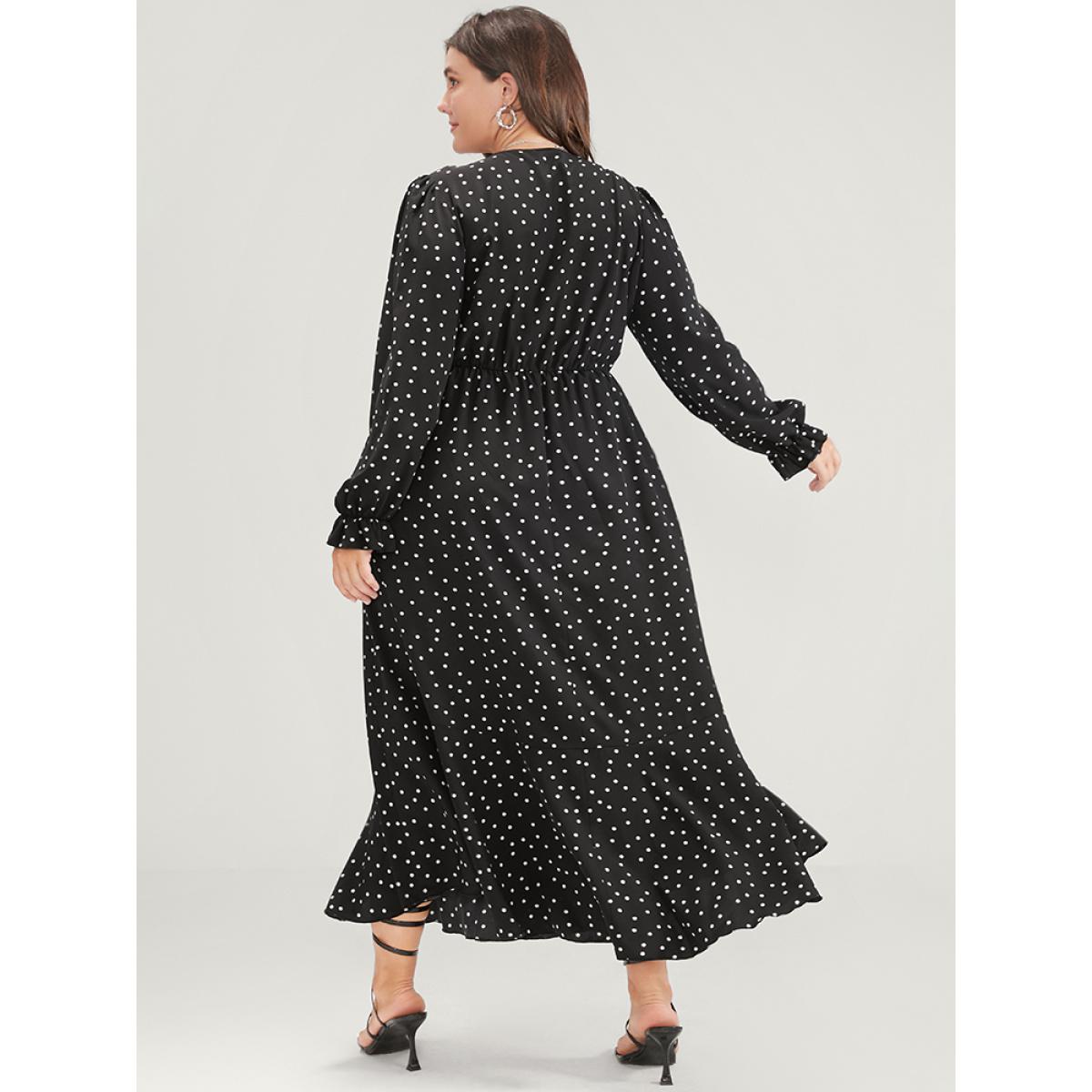 Plus Size Polka Dot Pocket Contrast Lace Split Hem Dress Black Women Elegant Patchwork V-neck Long Sleeve Curvy Long Dress BloomChic 10/M Product Image
