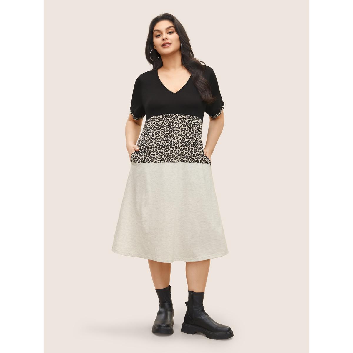Plus Size Leopard Colorblock Contrast Patchwork Pocket Dress Black Women Casual Non V-neck Short sleeve Curvy Midi Dress BloomChic 22-24/3X Product Image