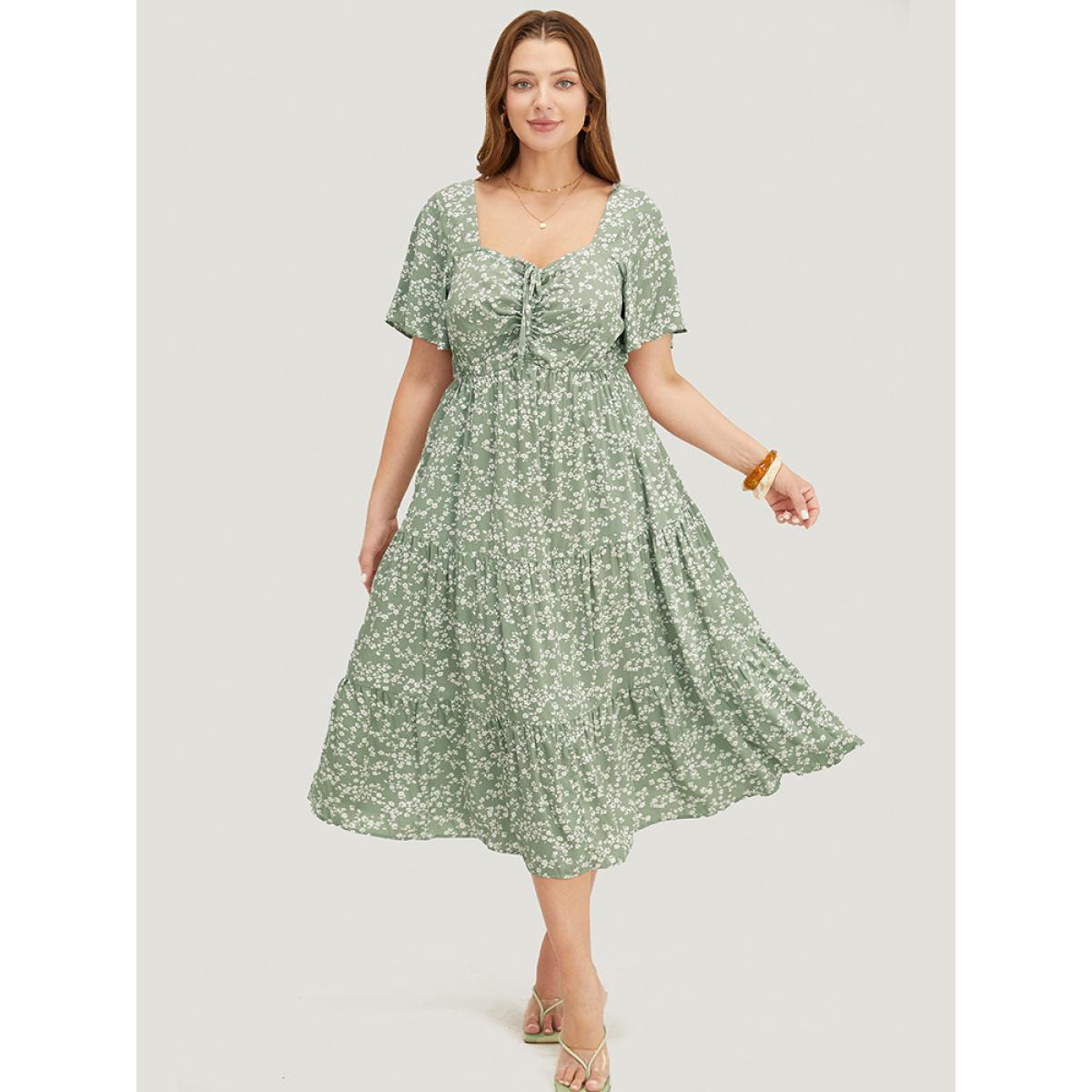 Plus Size Ditsy Floral Sweetheart Drawstring Pocket Tiered Dress Sage Women Timeless Non V-neck Short sleeve Curvy Midi Dress BloomChic 10/M Product Image