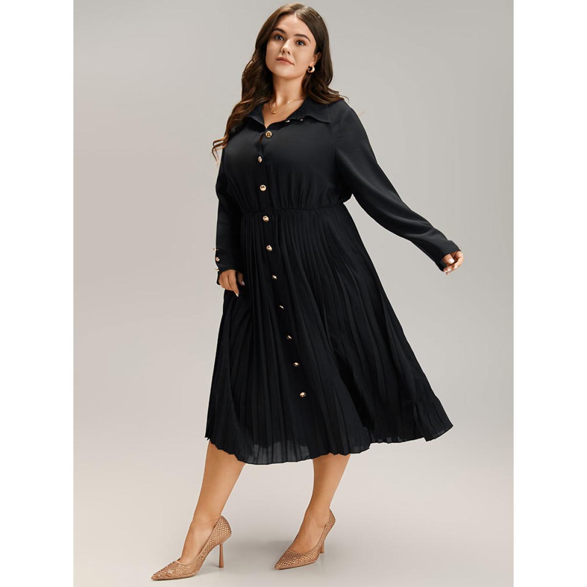 Plus Size Solid Shirt Collar Pleated Metal Detail Dress Black Women Office Plain Shirt collar Long Sleeve Curvy Midi Dress BloomChic 14-16/1X Product Image