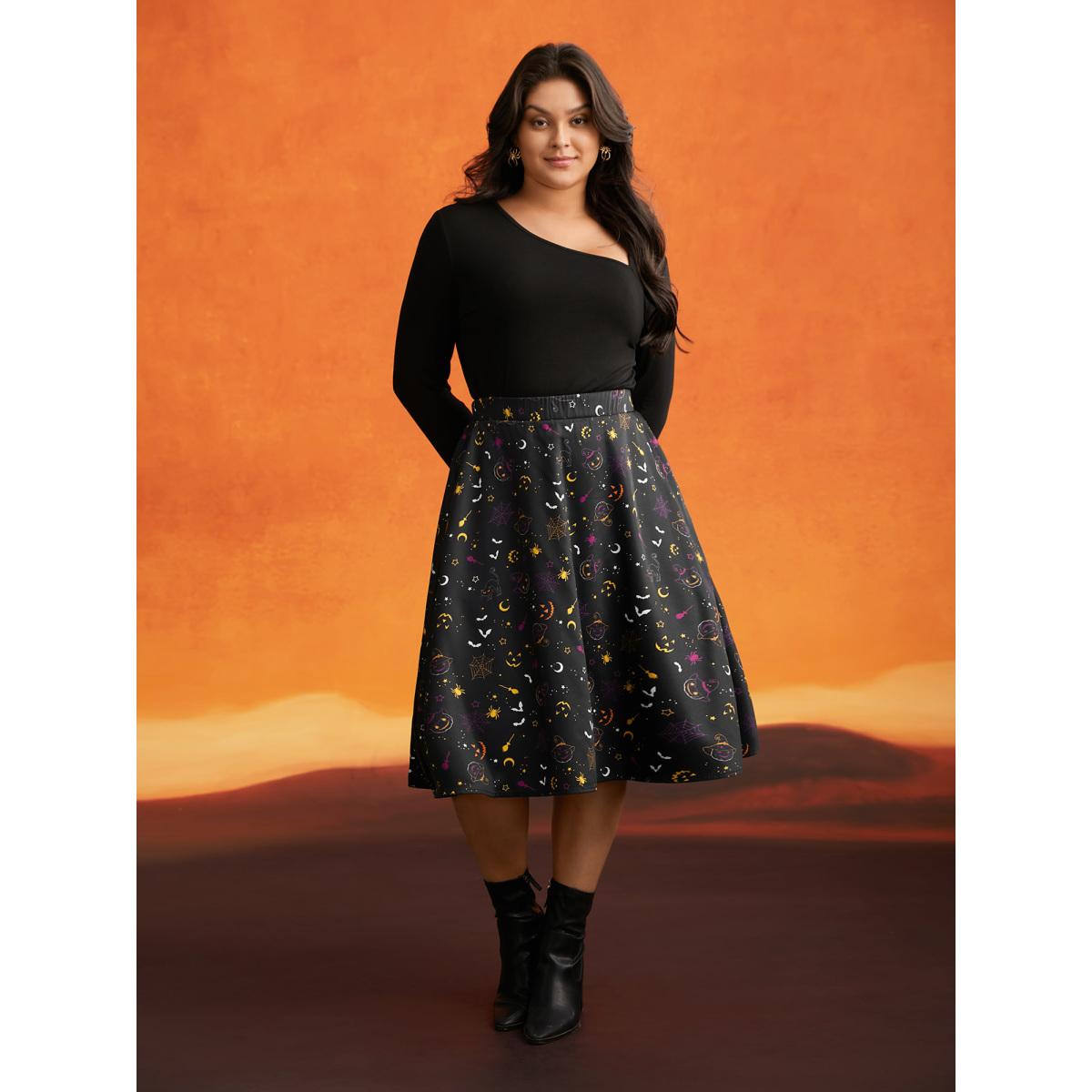 Plus Size Pumpkin Dance Printed Knee-Length Skirt Women Black Cocktail Non No stretch Slanted pocket Party Skirts BloomChic 22-24/3X Product Image
