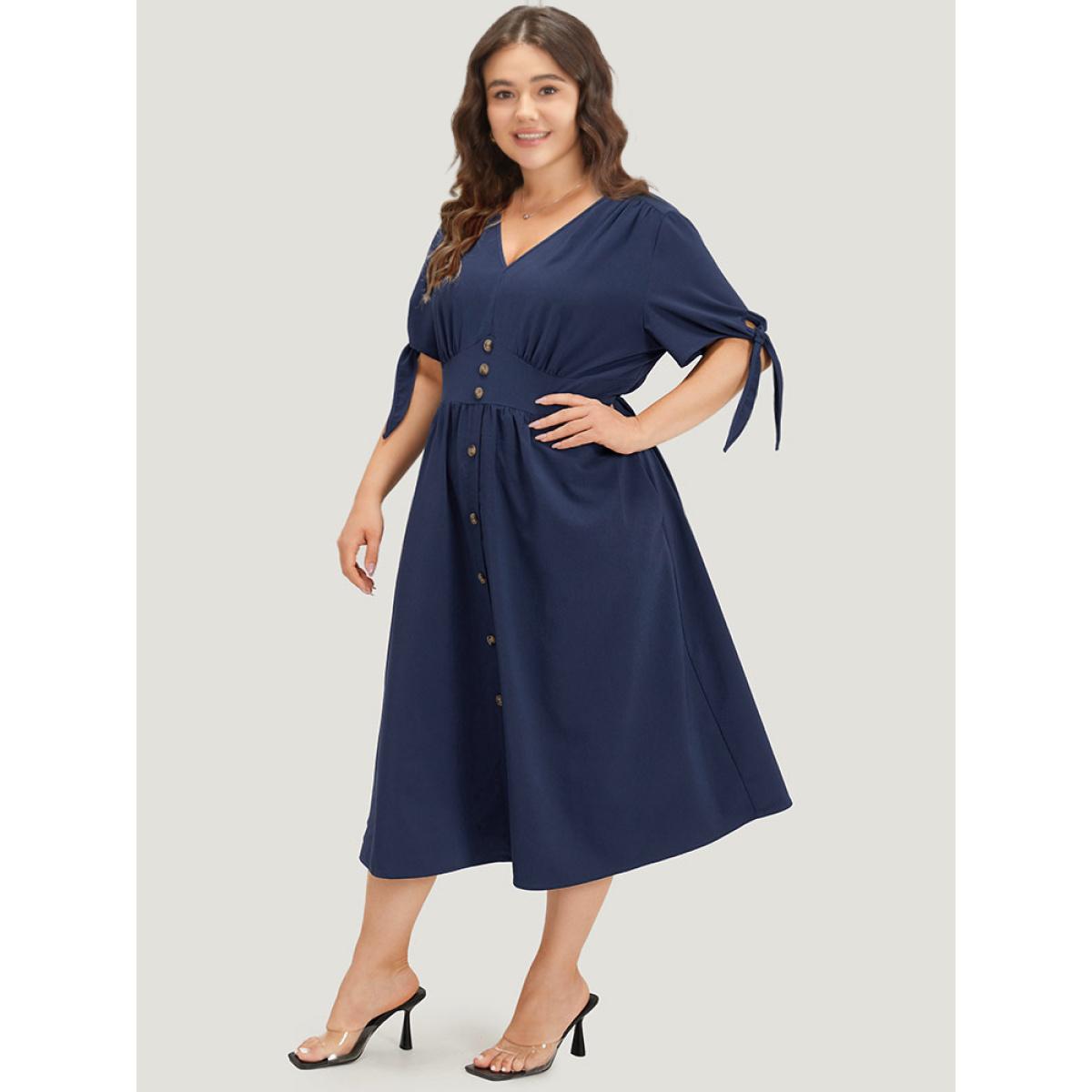 Plus Size Plain Pocket Button Detail V Neck Plicated Knot Dress Indigo Women Elegant Plain V-neck Short sleeve Curvy Midi Dress BloomChic 30/6X Product Image