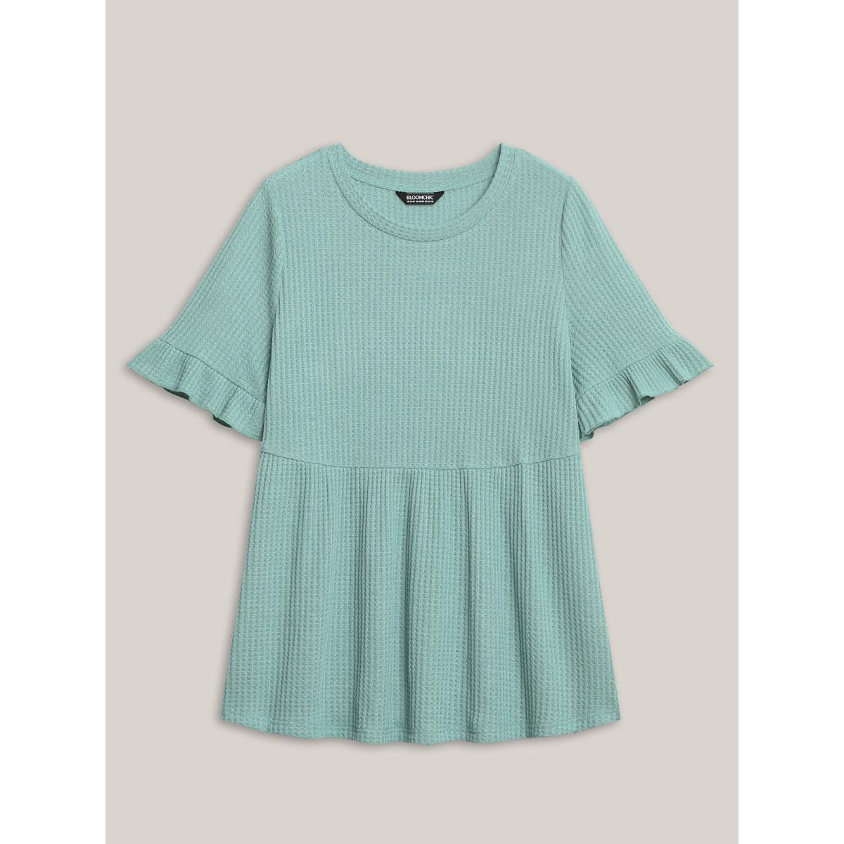 Plus Size Waffle Lotus Leaf Hem T-Shirt Turquoise Women Texture Round Neck Everyday-Casual T-shirts BloomChic 18-20/2X Product Image