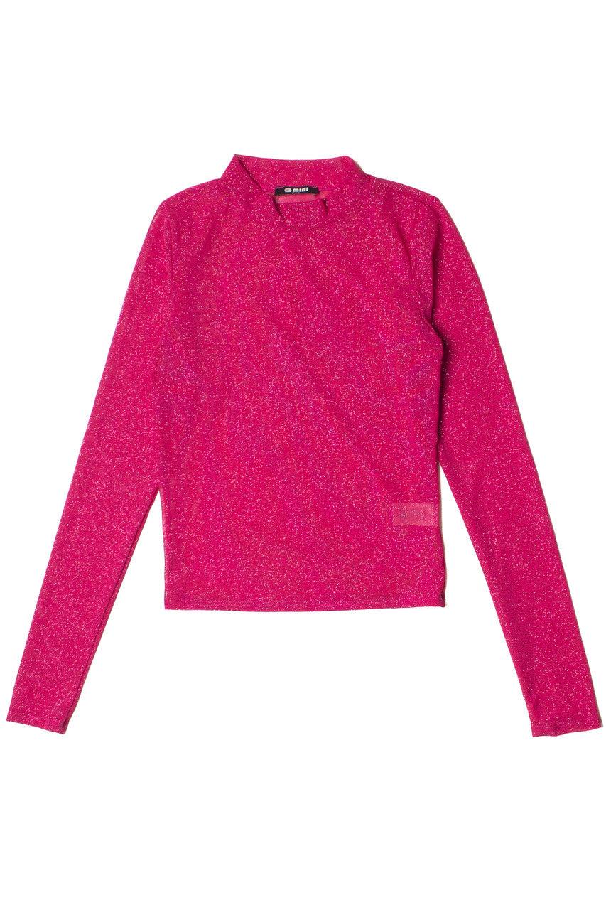Fuchsia Glitter Mock Neck Long Sleeve Top Product Image
