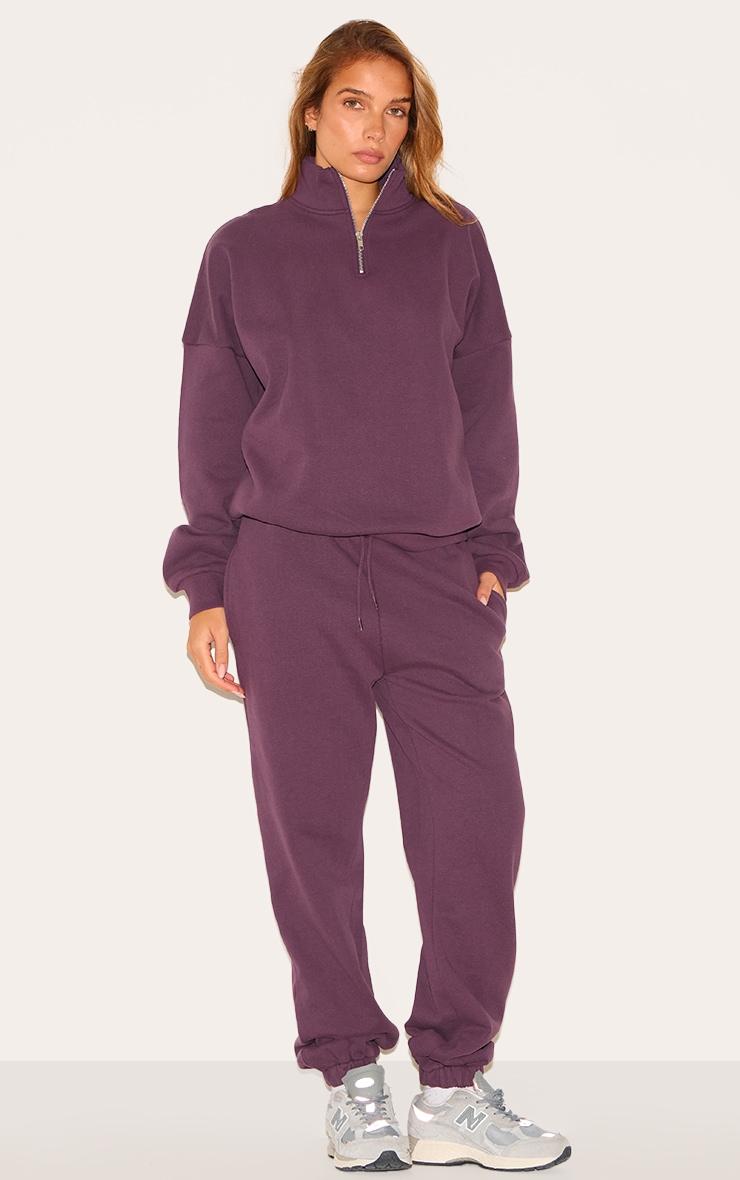 Dark Plum Premium High Neck Quarter Zip Oversized Sweatshirt Product Image