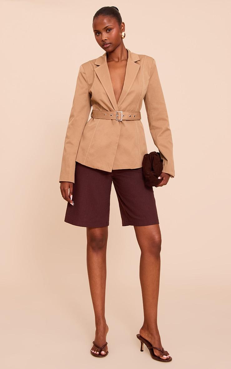 Beige Tie Waist Contrast Stitch Blazer Product Image