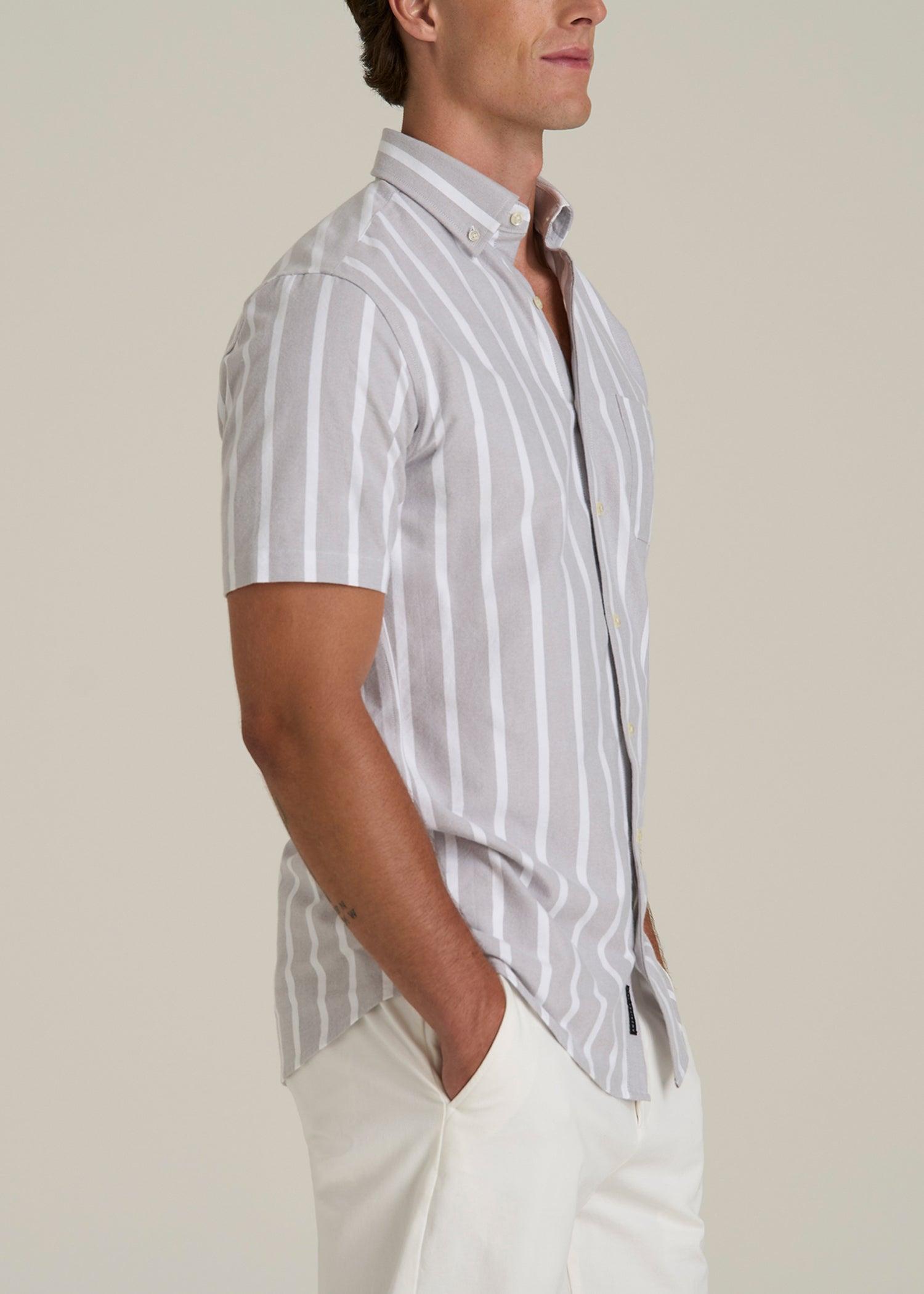 Short Sleeve Oxford Button Shirt For Tall Men in Bold Grey Stripe Male Product Image