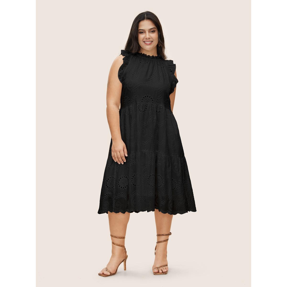 Plus Size Mock Neck Broderie Anglaise Ruffle Trim Dress Black Women Resort Patchwork Round Neck Cap Sleeve Curvy Midi Dress BloomChic 12/L Product Image