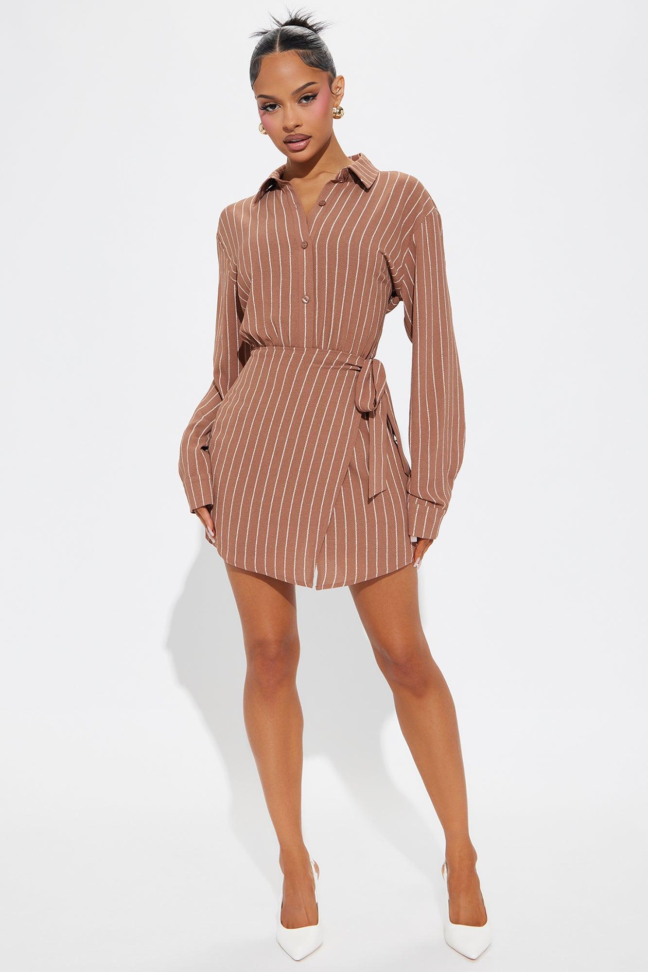 Clock In Pinstripe Romper - Brown Product Image