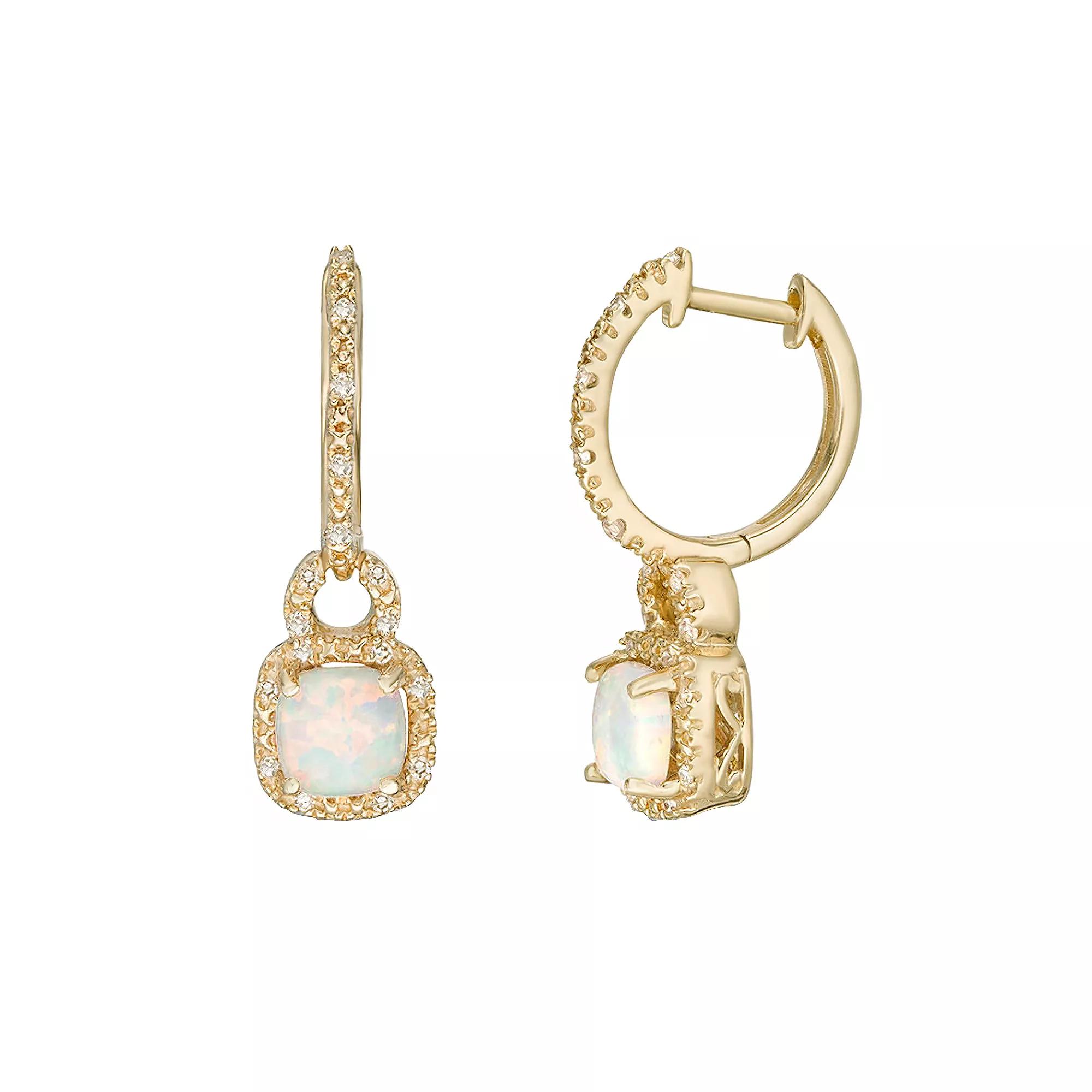 Gemminded 10k Gold Opal 1/7 Carat T.W. Diamond Hoop Drop Earrings, Women's Product Image
