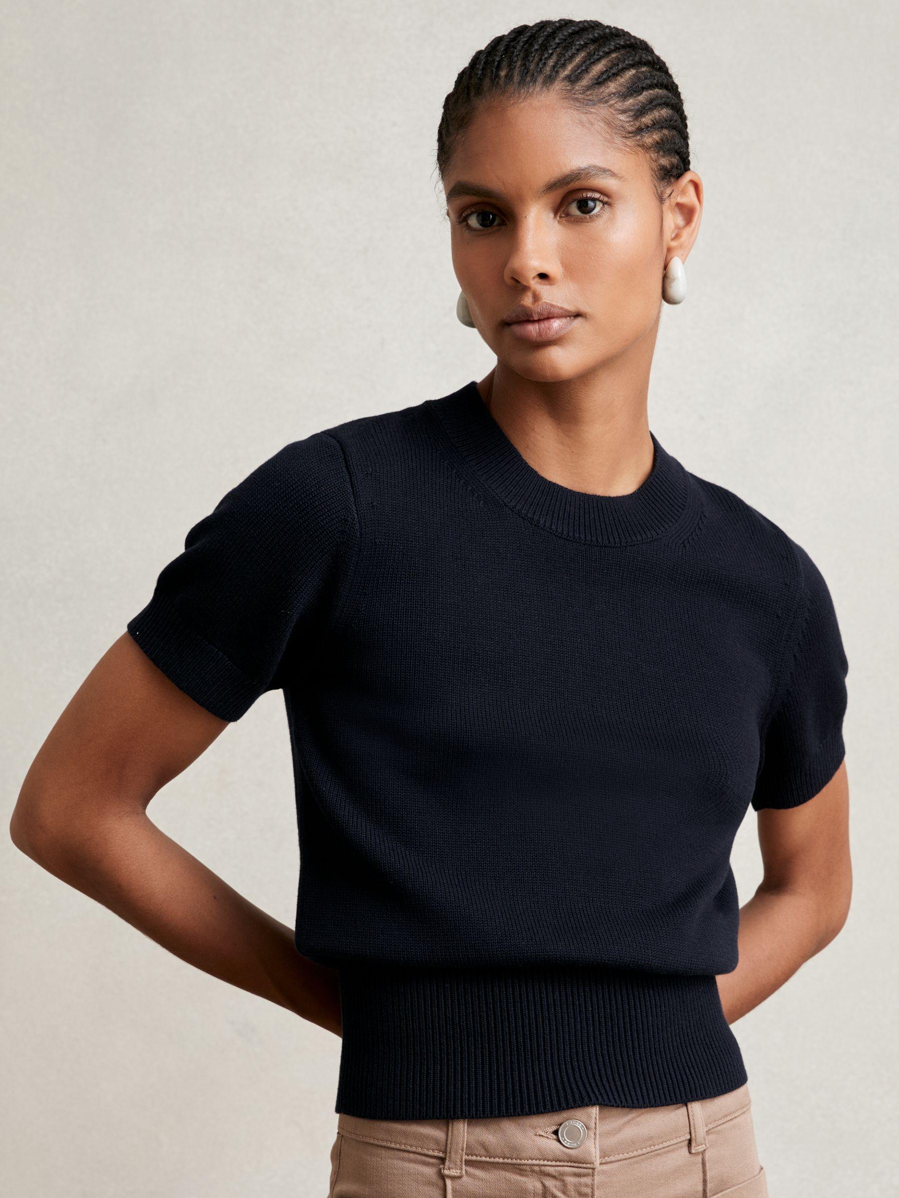 Cotton And Wool Crew-Neck Top in Navy Product Image