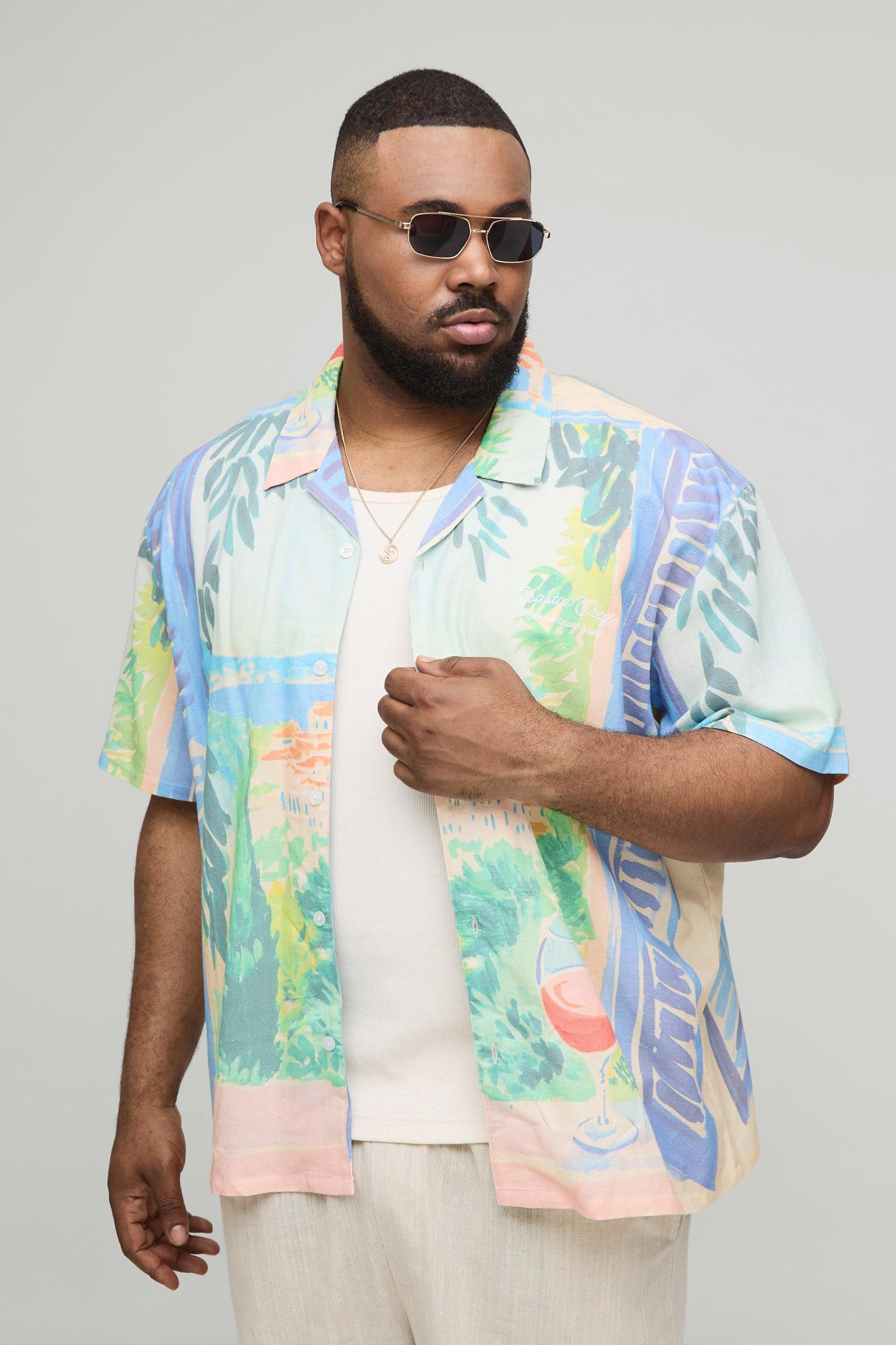Plus Oversized Scenic Graphic Linen Blend Shirt | boohooMAN USA Product Image