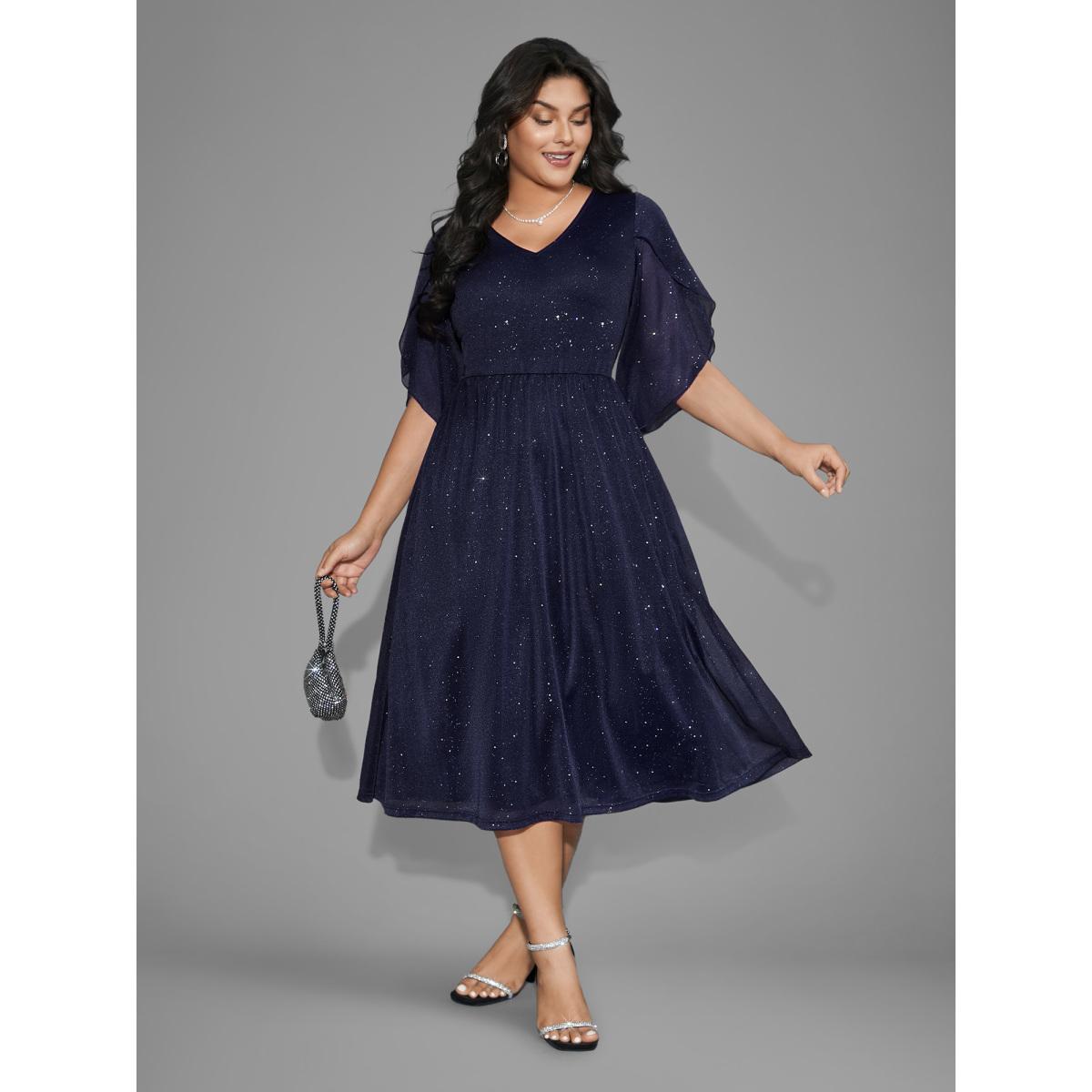 Plus Size Glitter Mesh Petal Sleeve Midi Dress Midnight Women Party&Cocktail Texture Party Curvy Bloomchic 14-16/1X Product Image