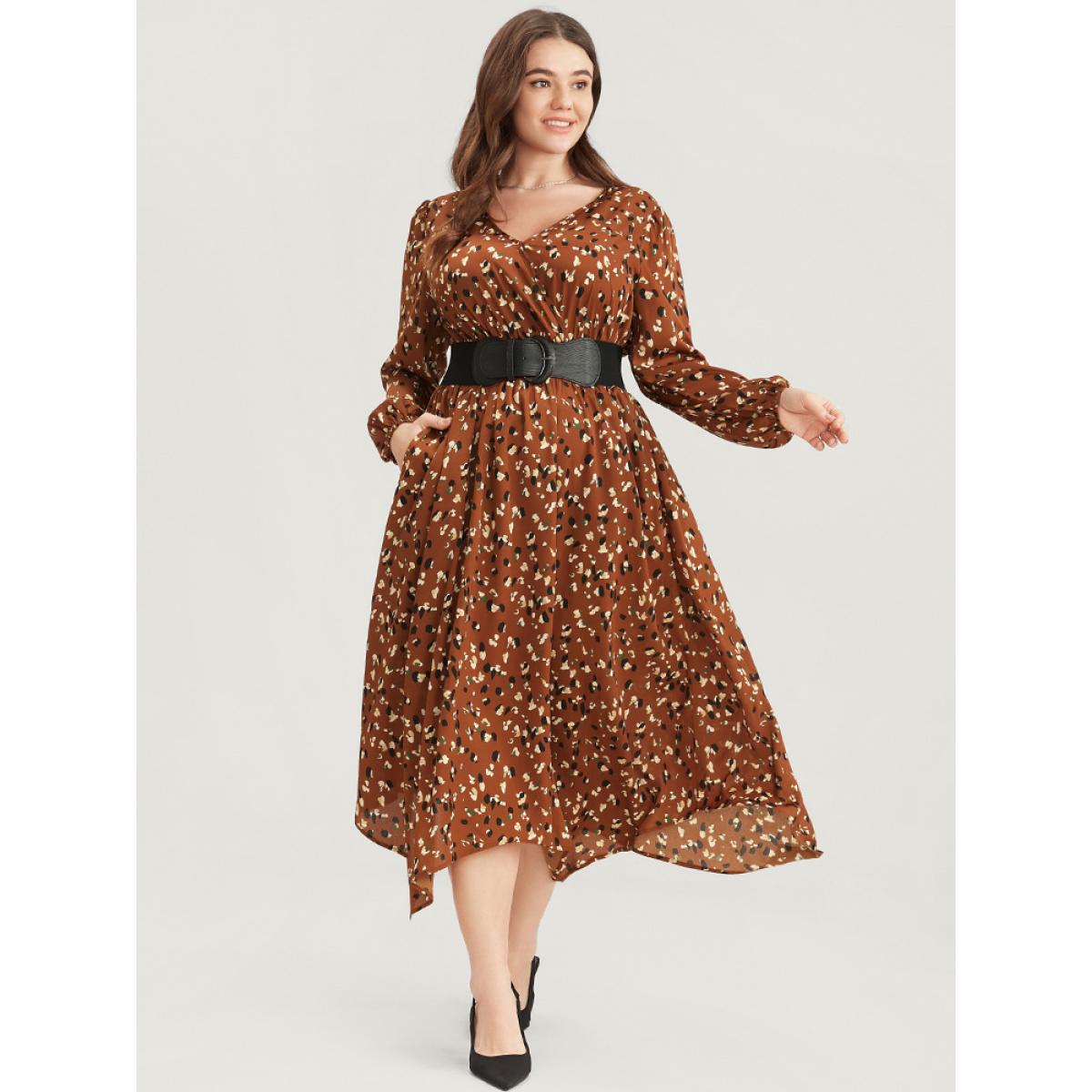 Plus Size Allover Print Shirred Pocket Surplice Neck Hanky Hem Dress Chocolate Women Elegant Asymmetrical V-neck Long Sleeve Curvy Midi Dress BloomChic 30/6X Product Image