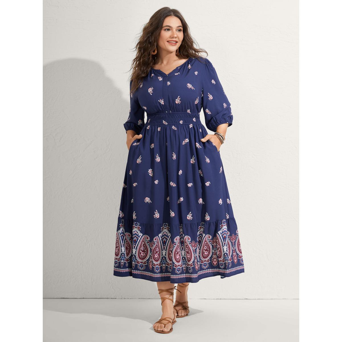 Plus Size Paisley Print Shirred Waist Midi Dress DarkBlue Women Boho Flat collar with V-notch Elbow-length sleeve Curvy BloomChic 18-20/2X Product Image