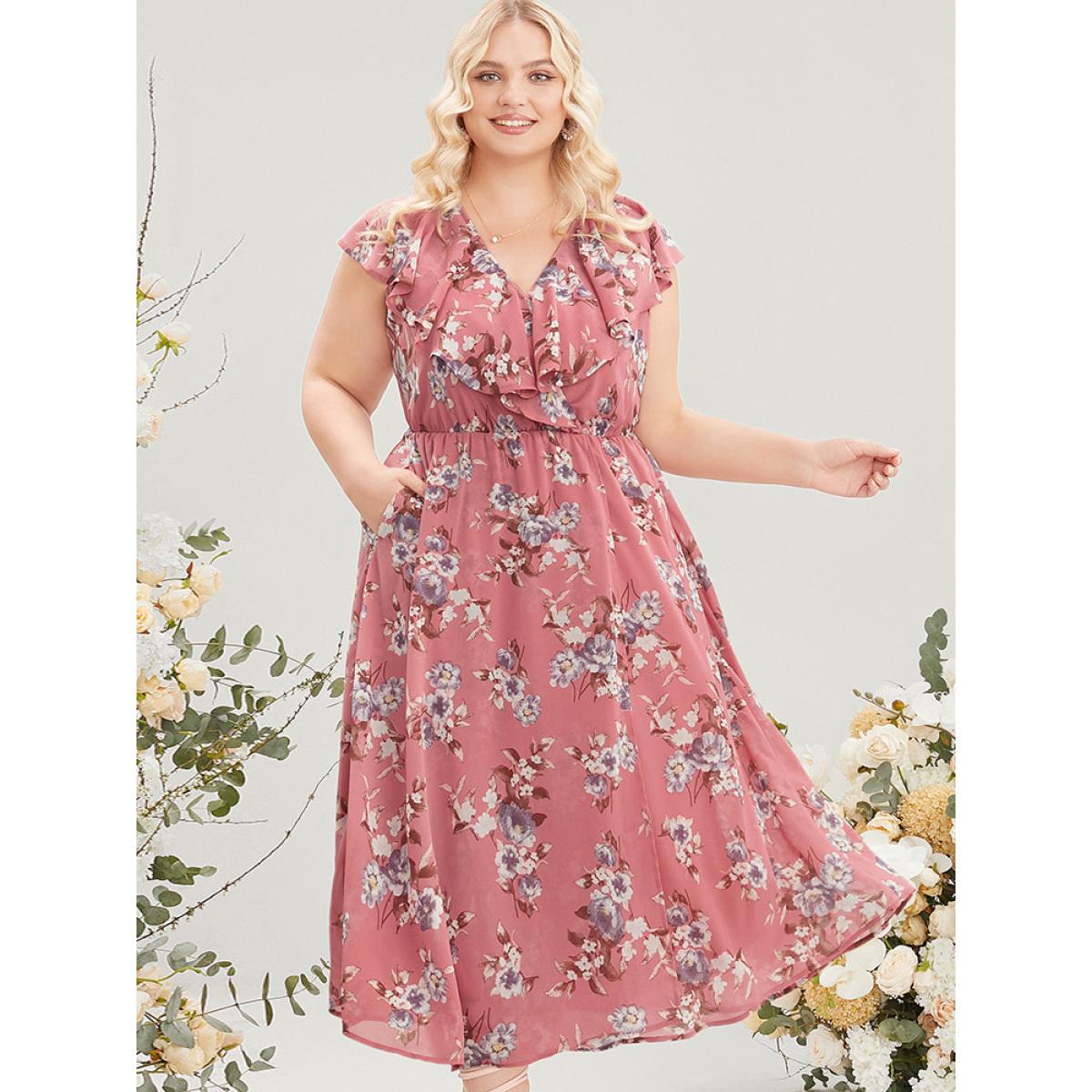 Plus Size Floral Print Ruffle Trim Pocket Sleeveless Wrap Dress DustyPink Women Elegant Elastic Waist Overlap Collar Sleeveless Curvy Midi Dress BloomChic 30/6X Product Image
