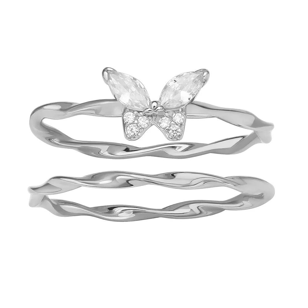 PRIMROSE Sterling Silver Cubic Zirconia Butterfly & Twist Ring Set, Womens Product Image