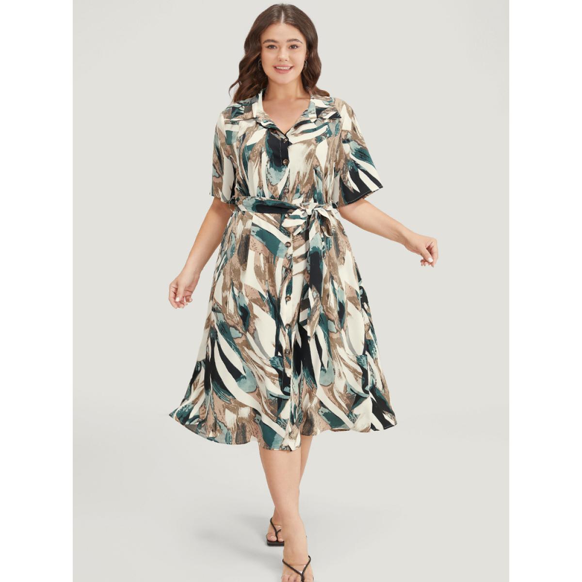 Plus Size Allover Print Pocket Button Up Belted Shirt Collar Dress Multicolor Women Office Contrast Shirt collar Short sleeve Curvy Midi Dress BloomChic 28/5X Product Image