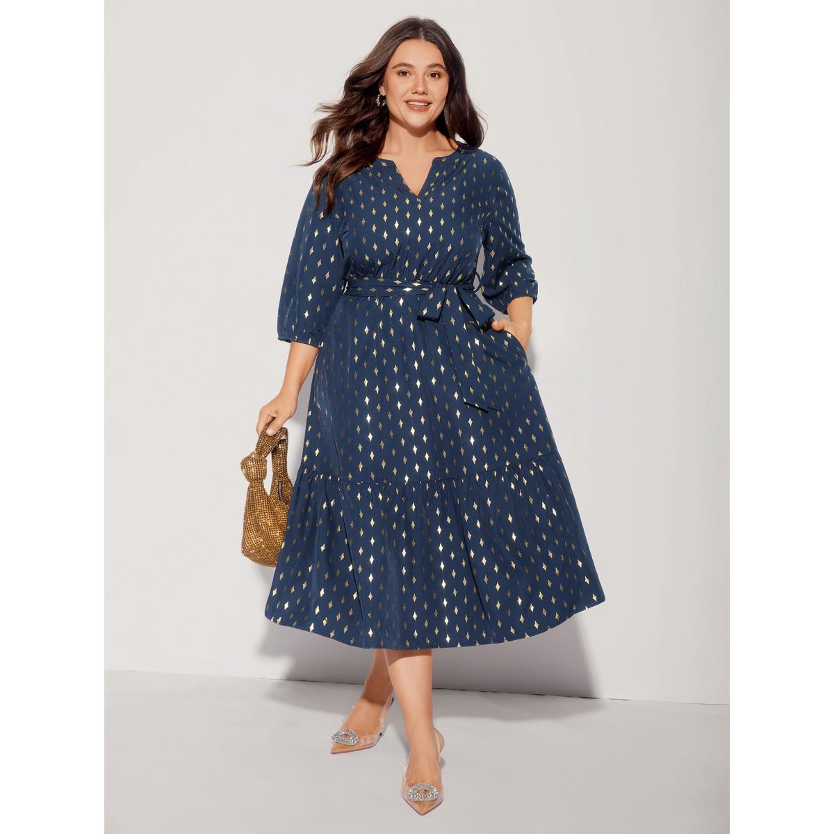 Plus Size Glitter Notched Lantern Sleeve Midi Dress Indigo Women Party&Cocktail Gathered Notched collar Elbow-length sleeve Curvy BloomChic 22-24/3X Product Image