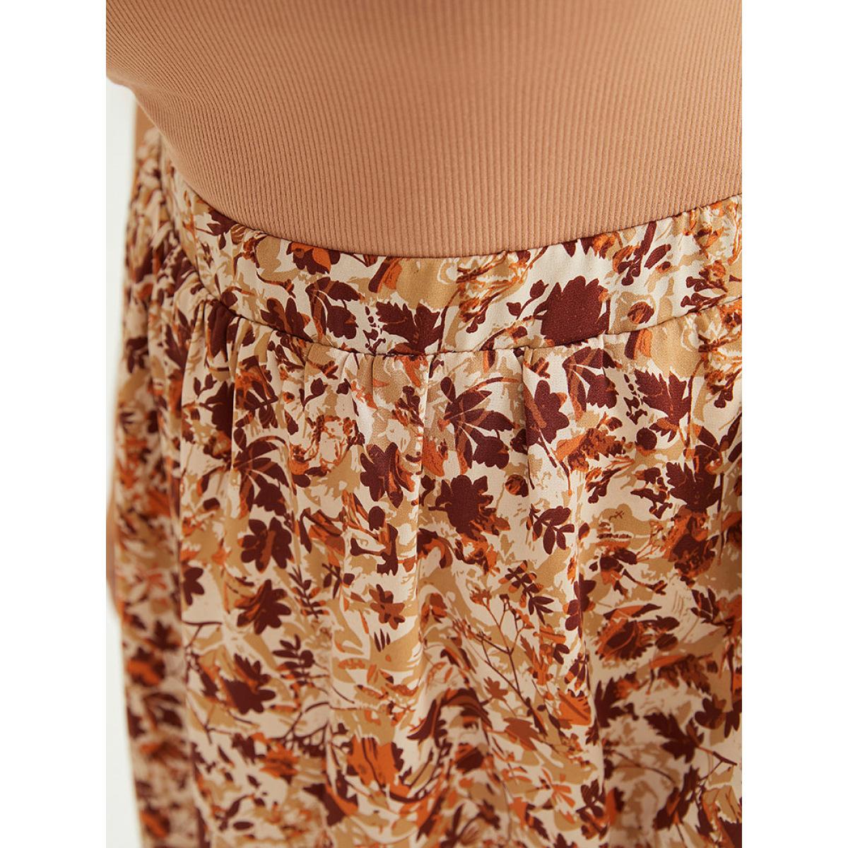 Plus Size Plant Print Pocket Elastic Waist Ruffle Hem Skirt Women Rust Elegant No stretch Pocket Dailywear Skirts BloomChic 22-24/3X Product Image