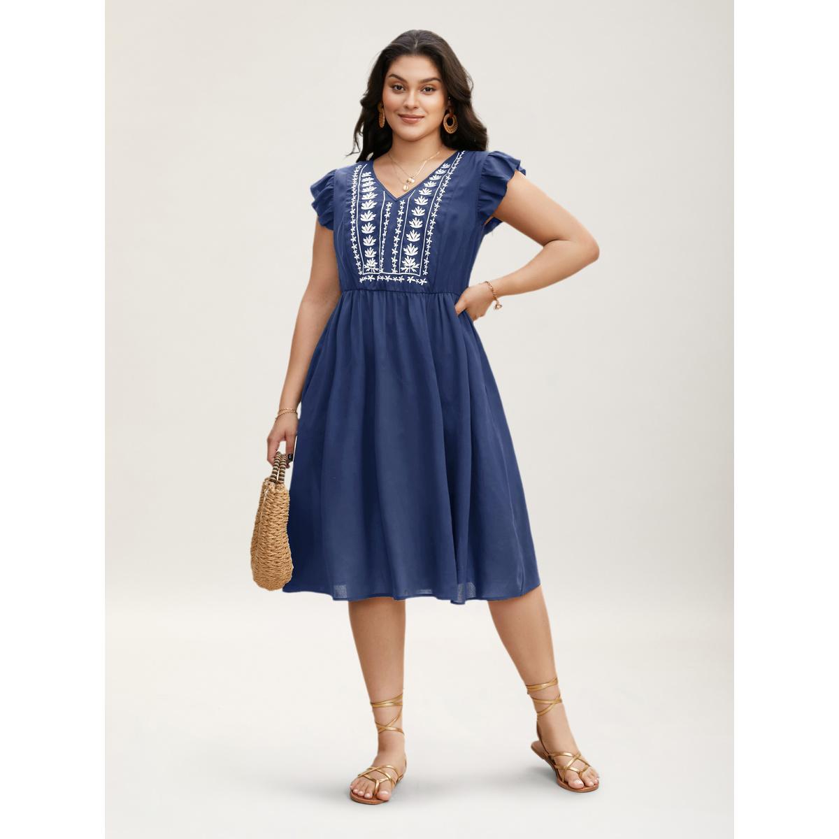 Plus Size Floral Embroidered V Neck Ruffle Cap Sleeve Dress Yellowishbrown Women Boho Embroidered V-neck Cap Sleeve Curvy BloomChic 10/M Product Image