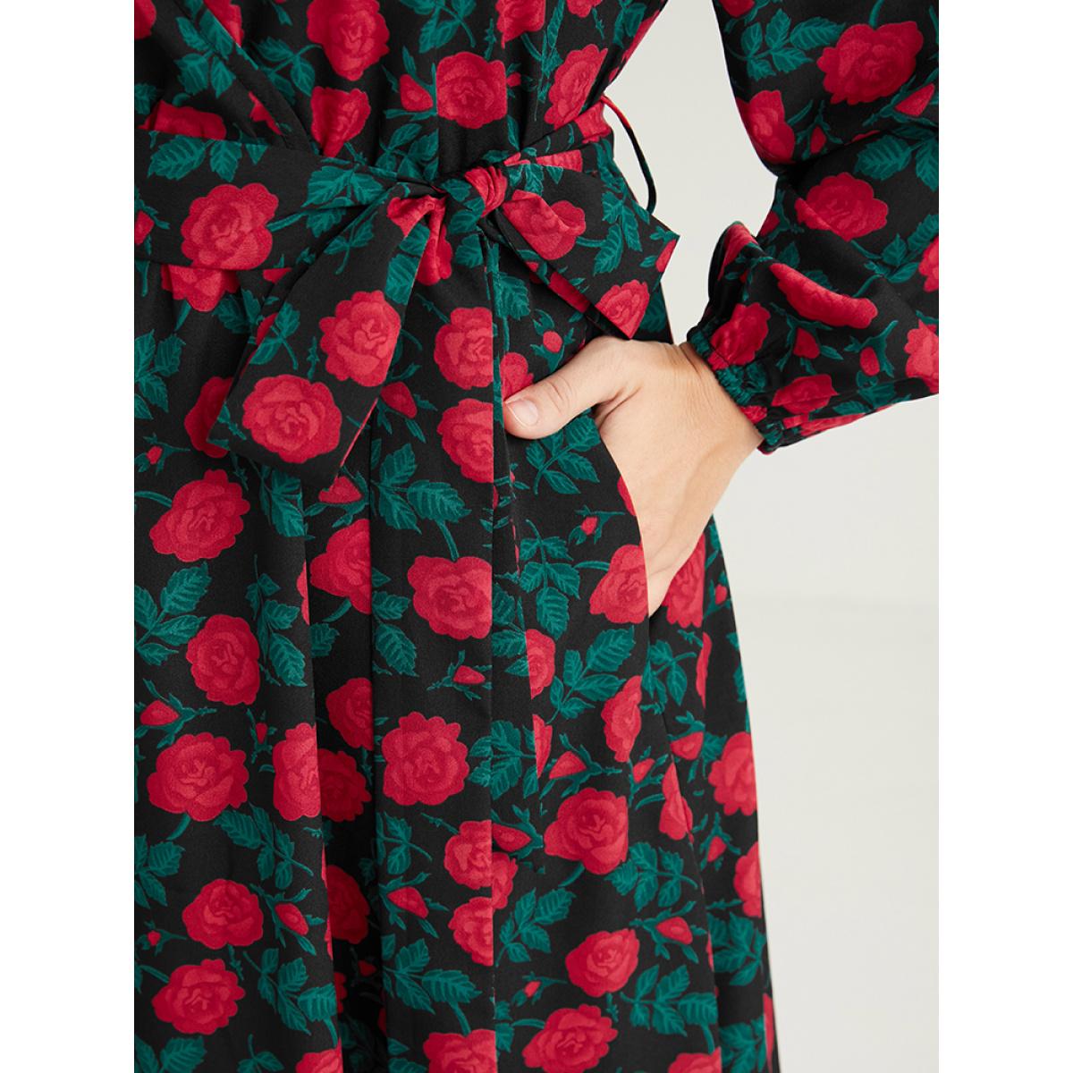 Plus Size Floral Printed Wrap Pocket Lantern Sleeve Belted Dress Black Women Elegant Printed V-neck Long Sleeve Curvy Midi Dress BloomChic 18-20/2X Product Image