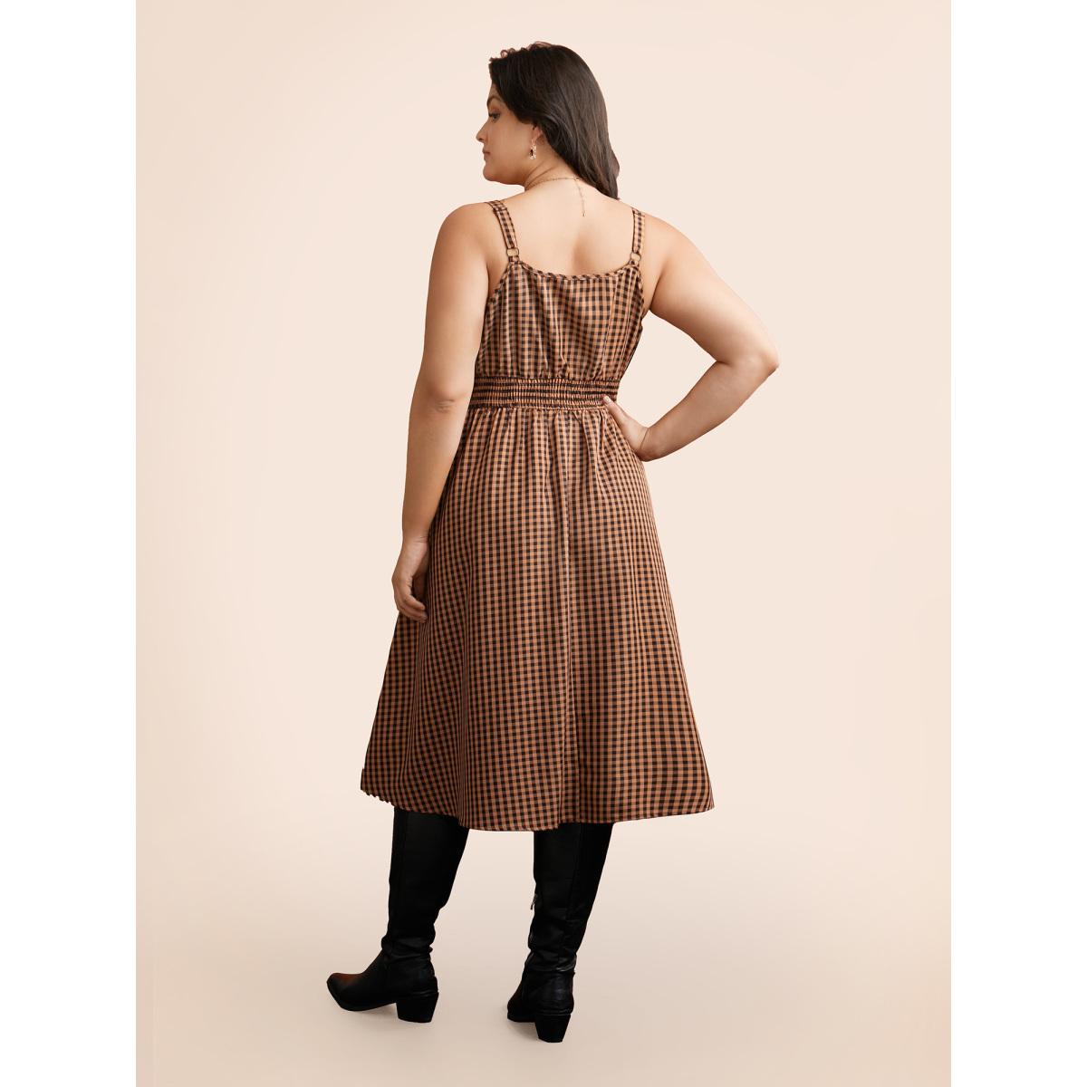 Plus Size Cami Pumpkin Color Grid Waist Midi Dress Brightorange Women Cocktail Shirred Party Curvy Bloomchic 18-20/2X Product Image