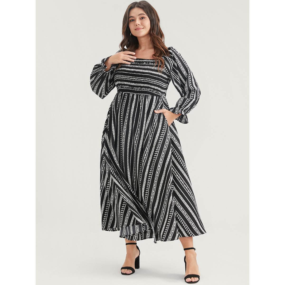 Plus Size Striped Square Neck Lantern Sleeve Pocket Shirred Split Dress Black Women Vacation Pocket Square Neck Long Sleeve Curvy Midi Dress BloomChic 26/4X Product Image