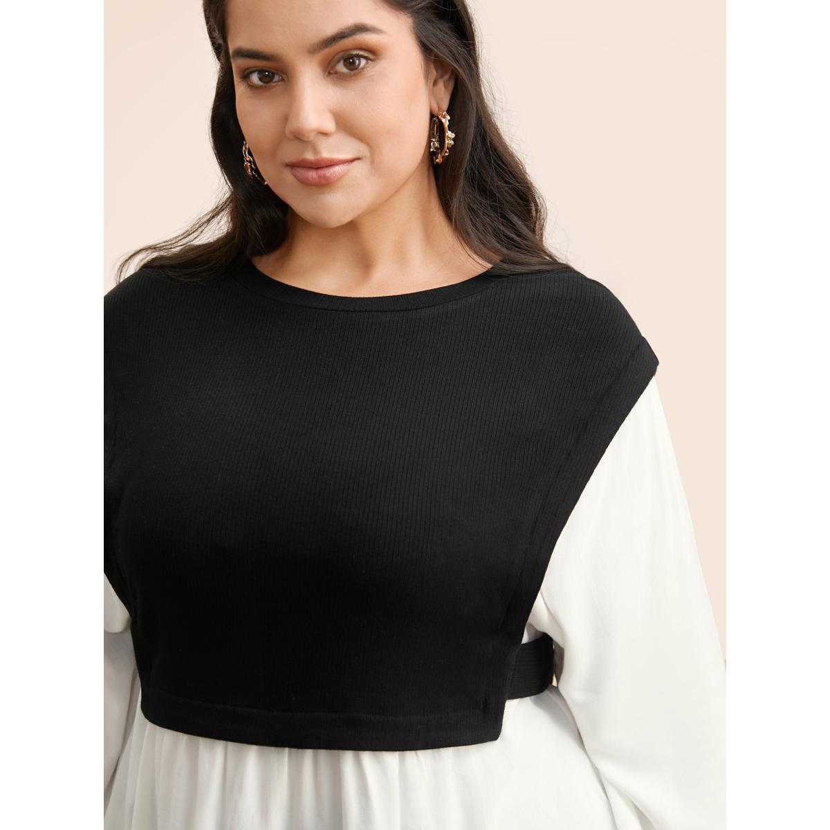 Plus Size Multicolor Round Neck Patchwork Contrast Gathered Blouse Women Casual Long Sleeve Round Neck Everyday Blouses BloomChic 22-24/3X Product Image