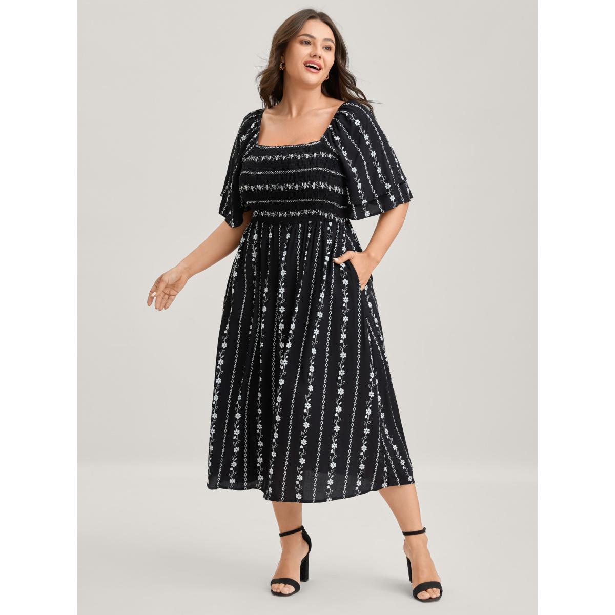 Plus Size Floral Stripes Layered Ruffle Sleeve Midi Dress Black Women Timeless Shirred Square Neck Short sleeve Curvy BloomChic 28/5X Product Image