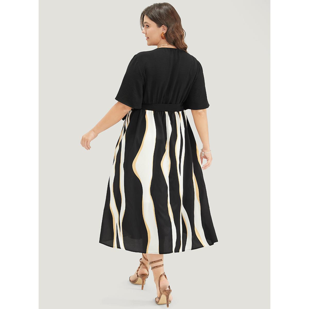 Plus Size Striped Patchwork Ruffle Sleeve Pocket Belted Keyhole Dress Black Women Office Lined Keyhole Cut-Out Short sleeve Curvy Midi Dress BloomChic 26/4X Product Image