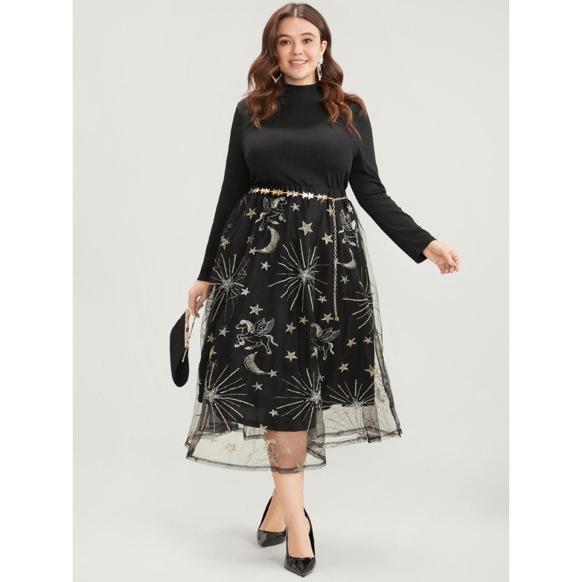 Plus Size Moon And Star Embroidered Mesh Elastic Waist Skirt Women Black Glamour Embroidered No stretch Going out Skirts BloomChic 12/L Product Image