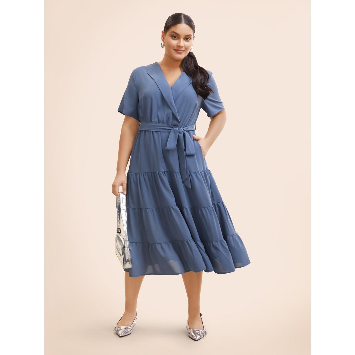 Plus Size Suit Collar Ruffle Layered Hem Dress Stone Women Workwear Essentials Belted Suit Collar Short sleeve Curvy BloomChic 18-20/2X Product Image