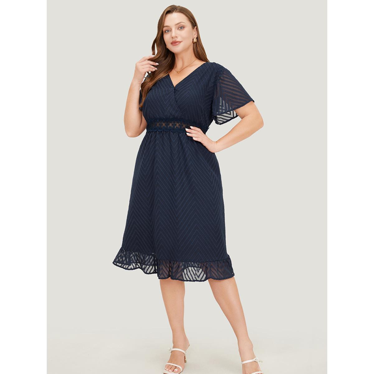 Plus Size Plain Geometric Pocket Wrap Mesh Lace Insert Ruffle Dress Indigo Women Elegant Lined V-neck Short sleeve Curvy Knee Dress BloomChic 30/6X Product Image