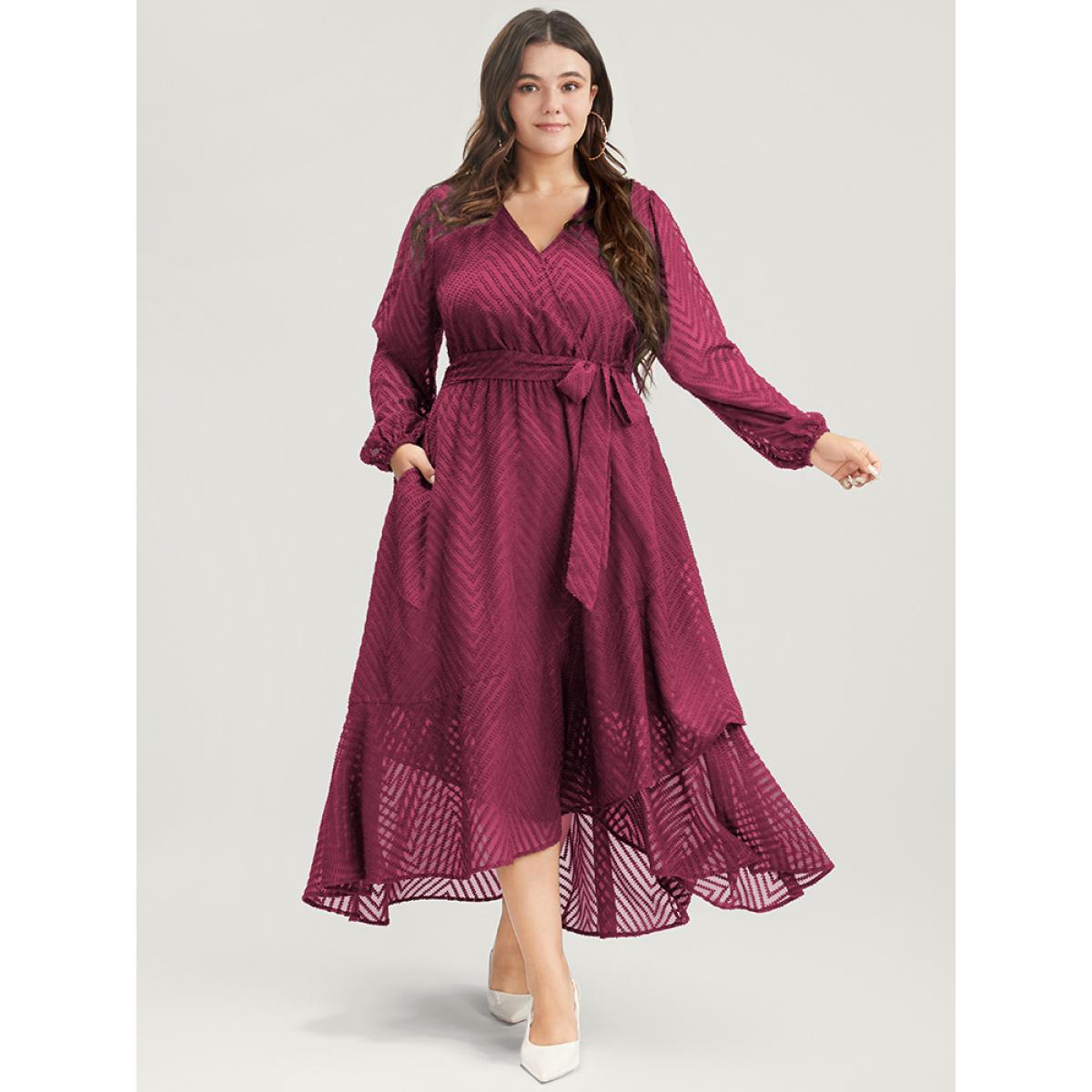 Plus Size Solid Geometric Wrap Pocket Belted Asymmetrical Hem Dress RedViolet Women Glamour Plain V-neck Long Sleeve Curvy Long Dress BloomChic 26/4X Product Image