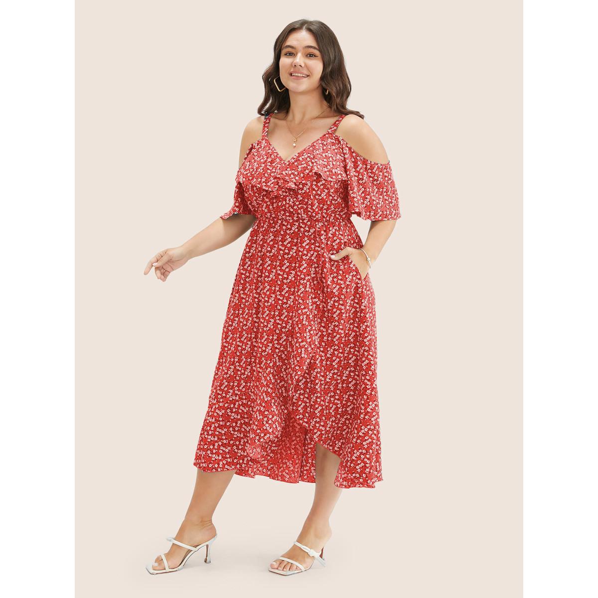 Plus Size Ditsy Floral Pocket Wrap Cold Shoulder Ruffle Dress Red Women Romantic Non Overlap Collar Short sleeve Curvy Midi Dress BloomChic 28/5X Product Image