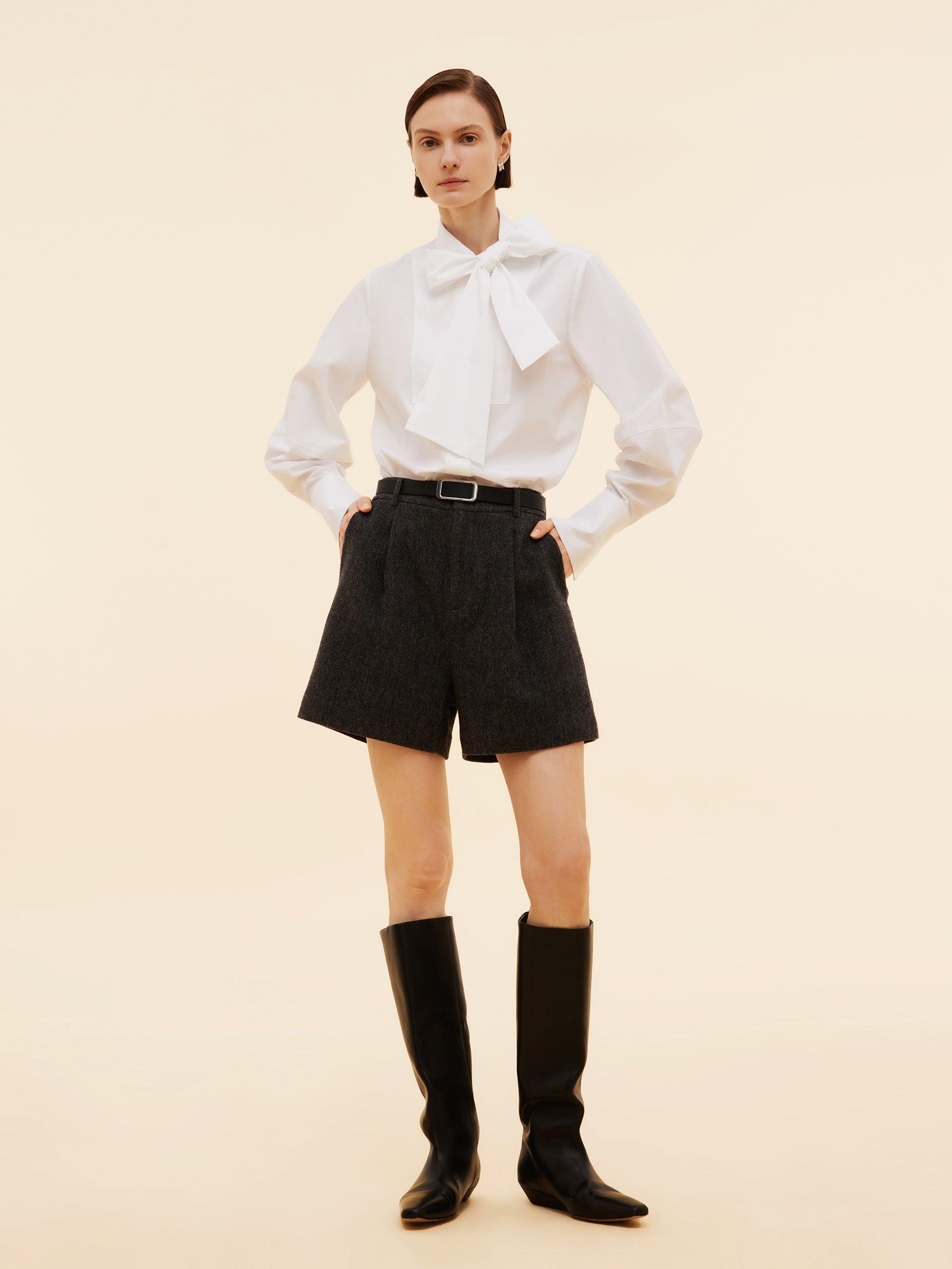 Bow Tie Front Balloon Sleeve Women Loose Shirt Product Image