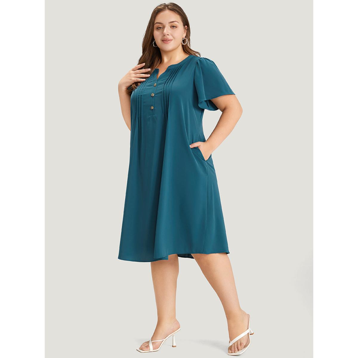 Plus Size Solid Pleated Front Button Detail Notched Ruffle Sleeve Dress Aegean Women Elegant Pleated Notched collar Short sleeve Curvy Knee Dress BloomChic 22-24/3X Product Image