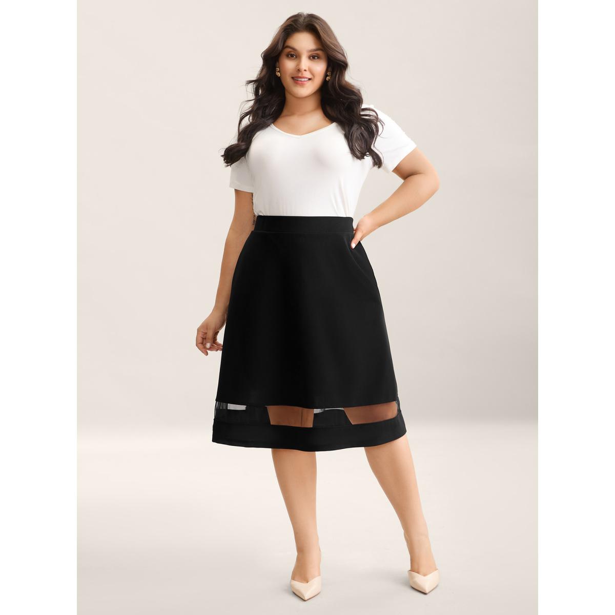 Plus Size Sheer Hem Flared Plain Midi Skirt Women Black Formal See through Bodycon Low stretch Slanted pocket Party Skirts BloomChic 12/L Product Image