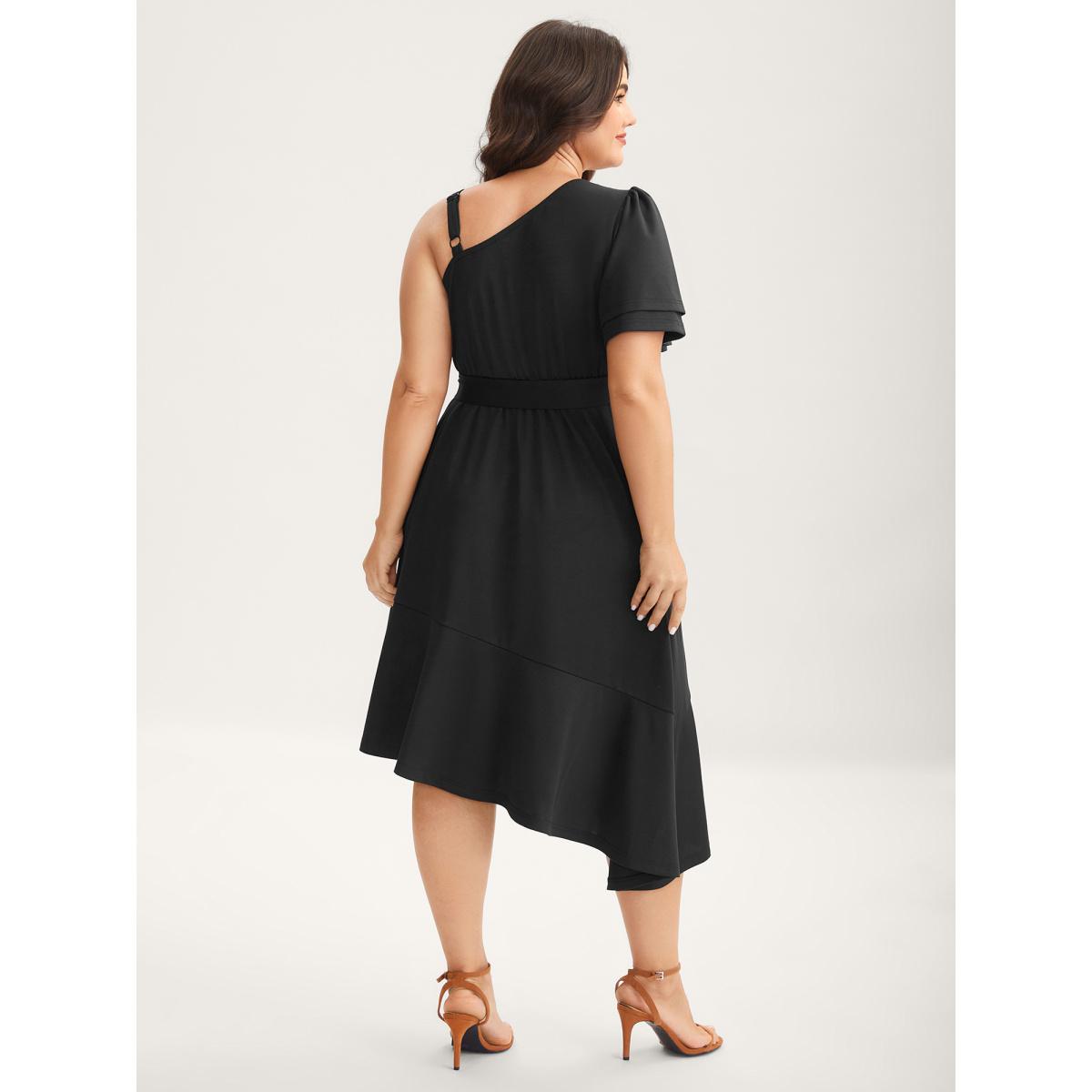 Plus Size One-Shoulder Ruffled Belted Midi Dress Black Women Asymmetrical Neck Short sleeve Curvy BloomChic 30/6X Product Image