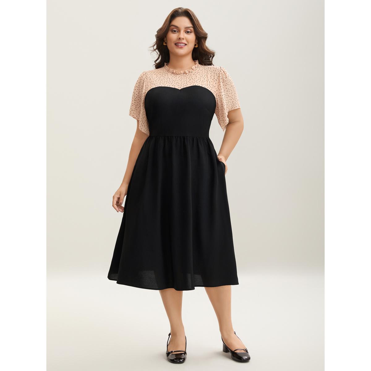 Plus Size Round Ruffled Neck Color Contrast Midi Dress Black Women Elegant See through Round Neck Short sleeve Curvy BloomChic 14-16/1X Product Image