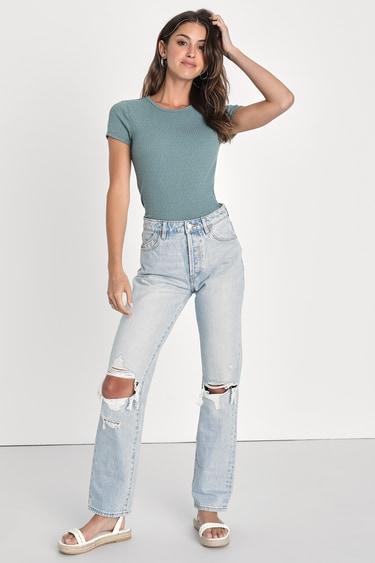 Essential Trend Sage Blue Pointelle Knit Short Sleeve Top Product Image