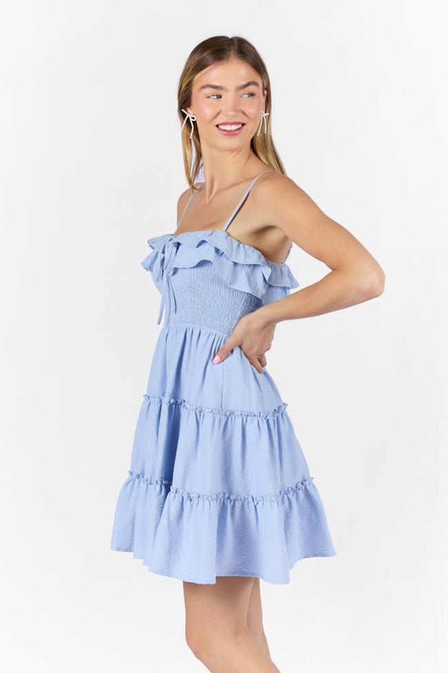 Keep My Promises Light Blue Smocked & Ruffle Detail Dress SALE Product Image