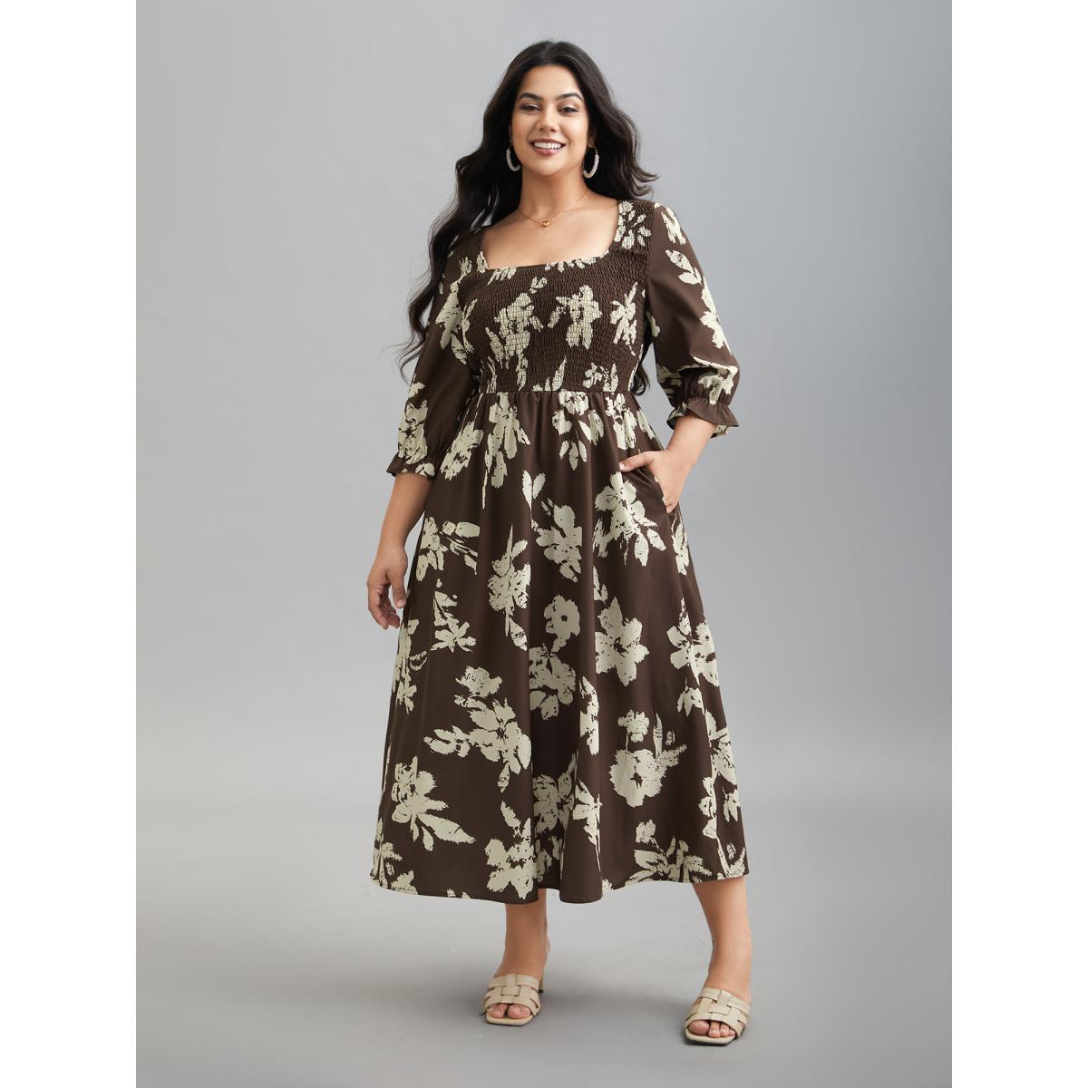 Plus Size Leaf Print Square Neck Ruffled Shirred Midi Dress Browncoffeecolor Women Elegant Shirred Square Neck Elbow-length sleeve Curvy BloomChic 14-16/1X Product Image