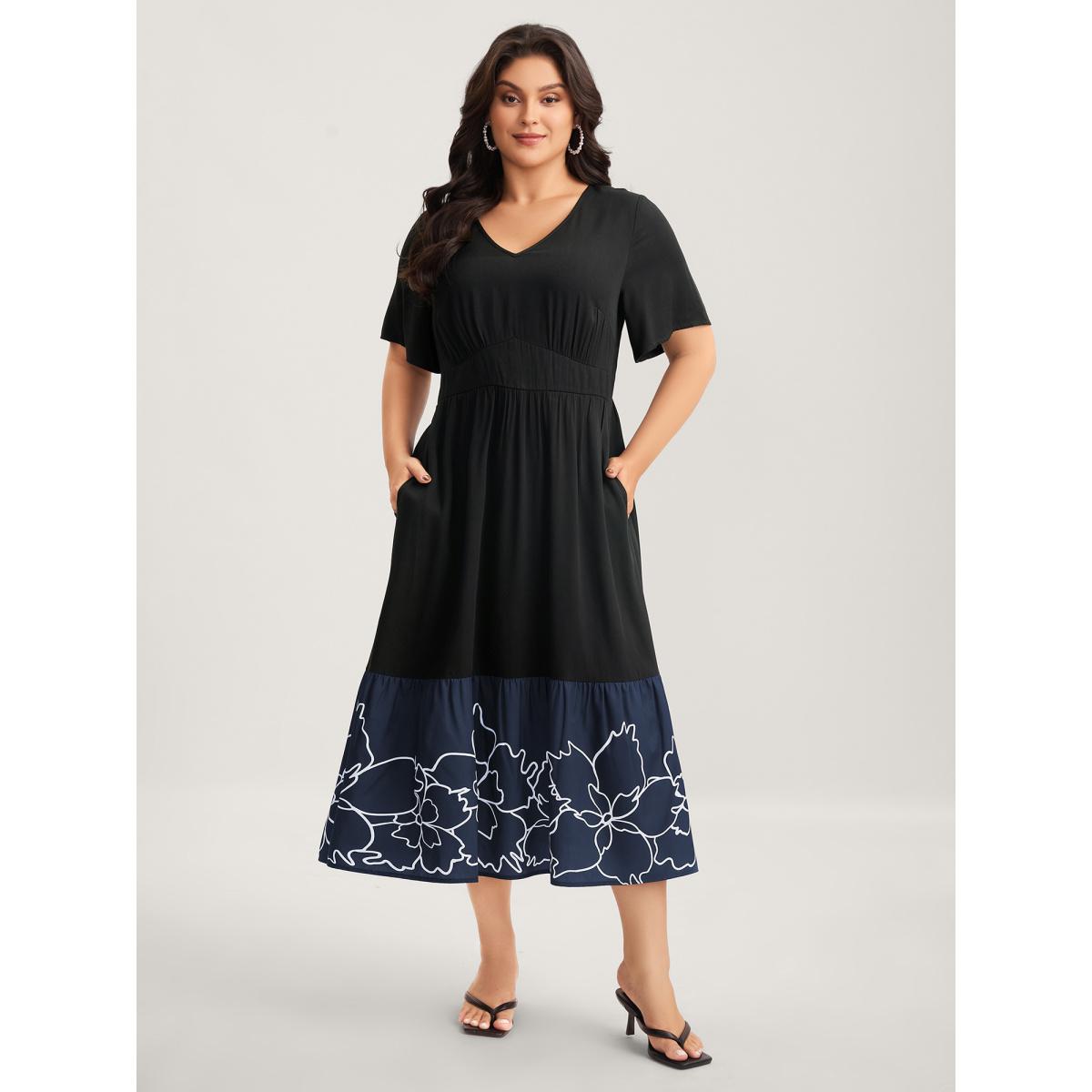 Plus Size Rayon Floral Hem Cinched-Waist Midi Dress Black Women V-neck Short sleeve Curvy BloomChic 12/L Product Image